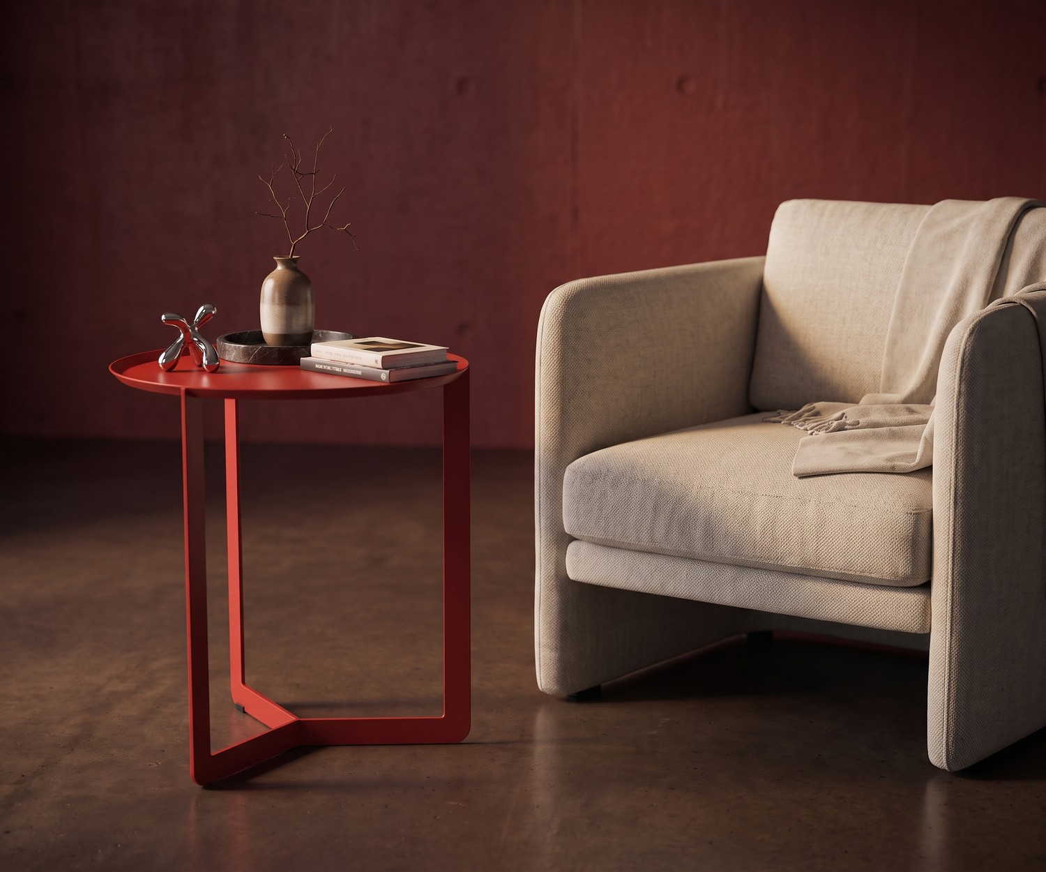 MEME Design Round Beistelltisch aus Metall in Rot MEME Design Round Beistelltisch aus Metall in Rot neben einem Sessel im modernen Wohnzimmer.