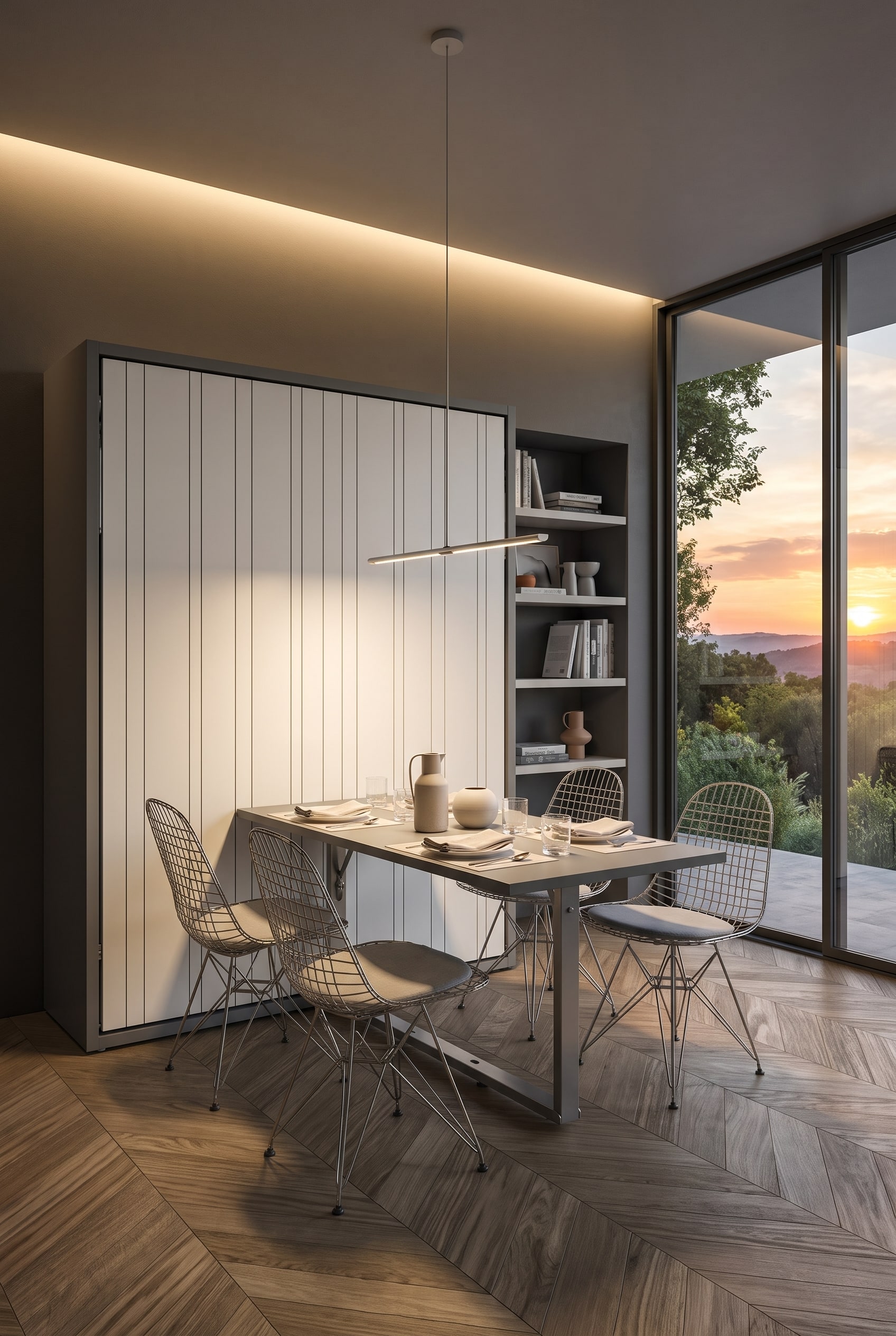 Modernes Esszimmer mit einem großen Schrankbett-Modul an der Wand, in dessen Front ein Esstisch integriert ist, flankiert von leichten Freischwingern