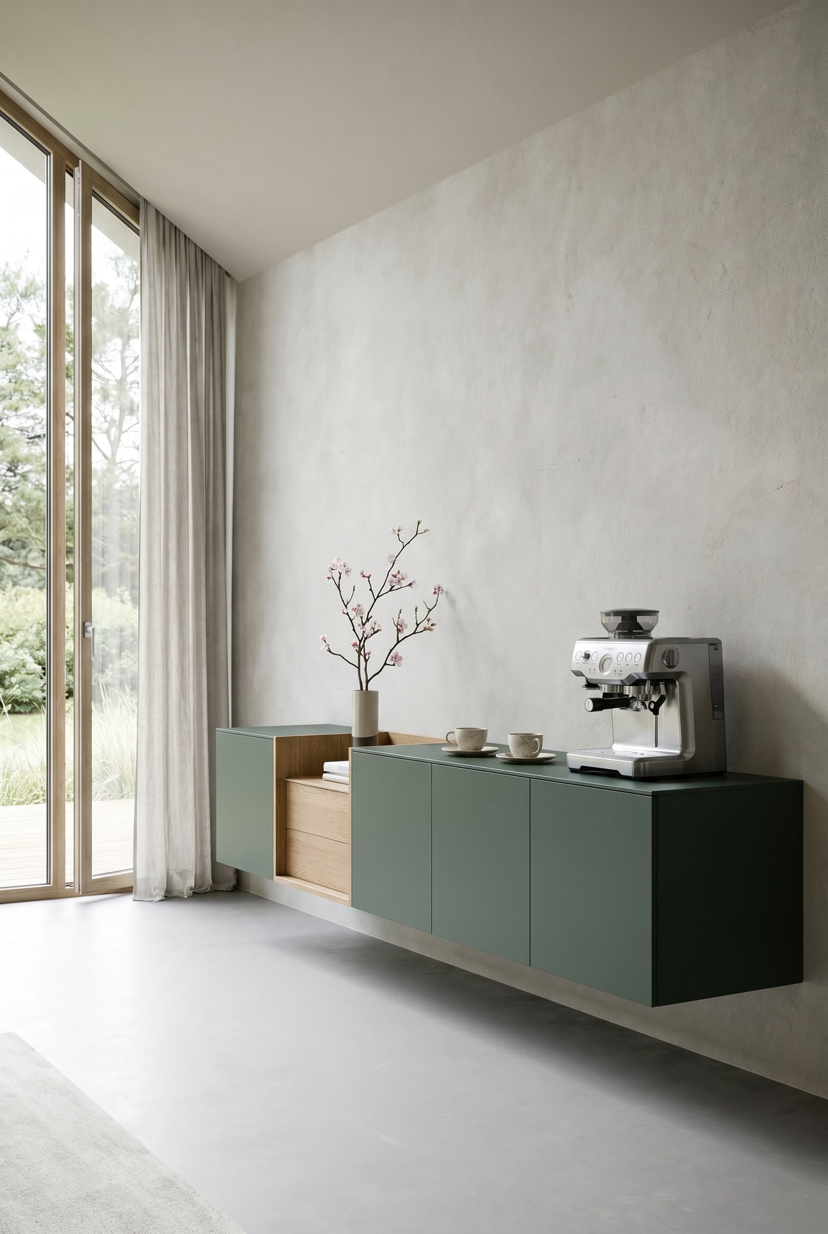 Schwebendes Novamobili Box 18 Wand Sideboard in Salbeigr&uuml;n, minimalistisch dekoriert mit einer edlen Kaffeemaschine und feinen Tassen f&uuml;r einen eleganten Fr&uuml;hlingsbrunch.