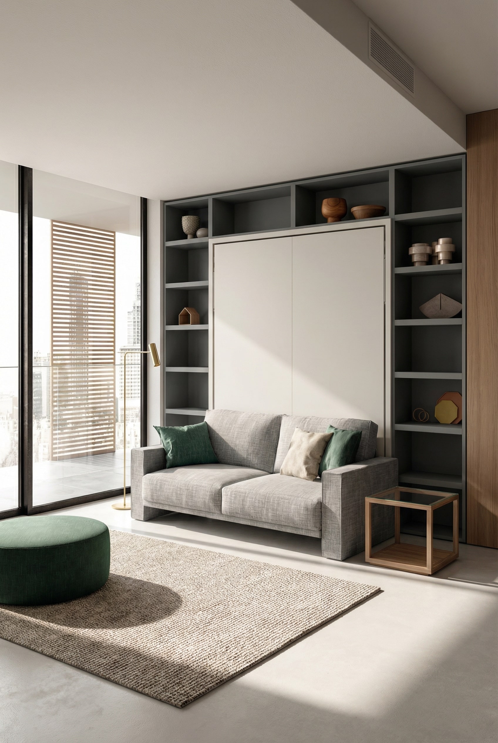 Elegantes Schrankbett mit integriertem Sofa in einer modern eingerichteten Einzimmerwohnung