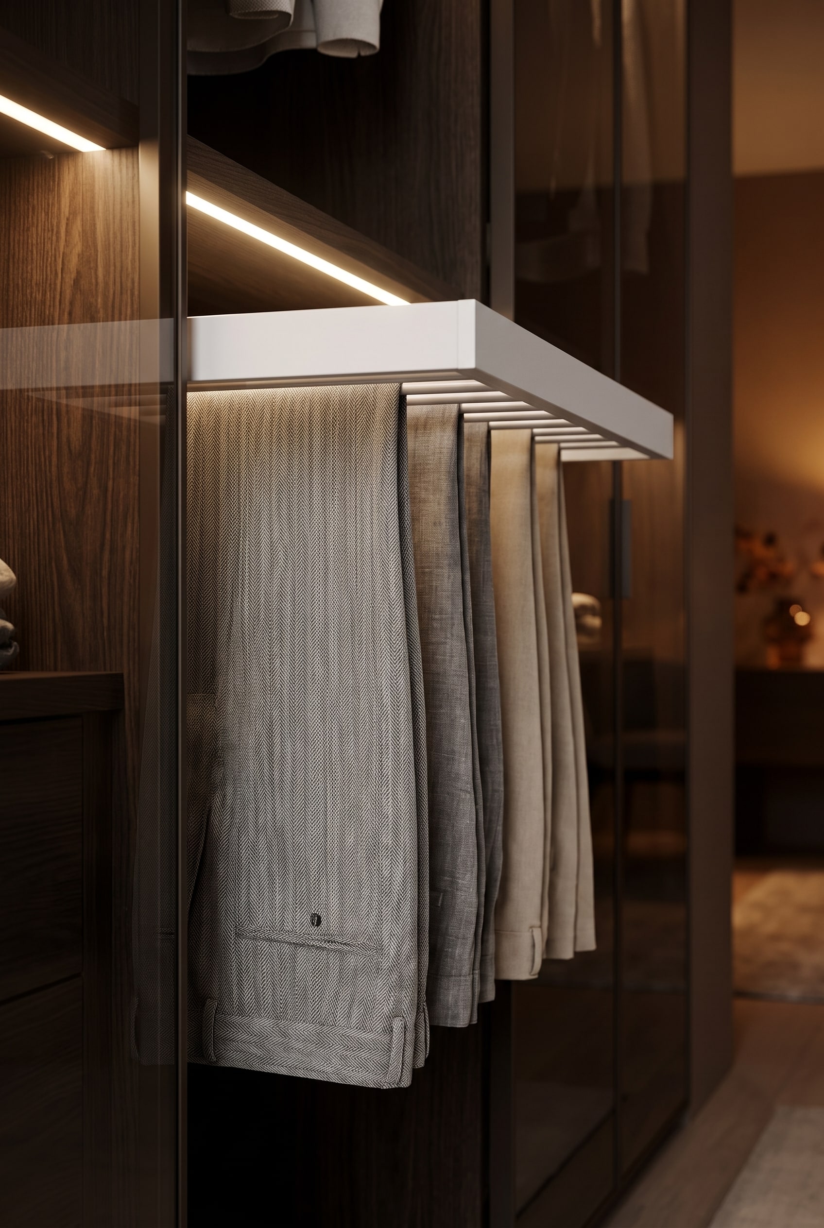 Detail eines ausziehbaren Hosenhalters aus dunklem Metall in einem beleuchteten Luxus-Kleiderschrank