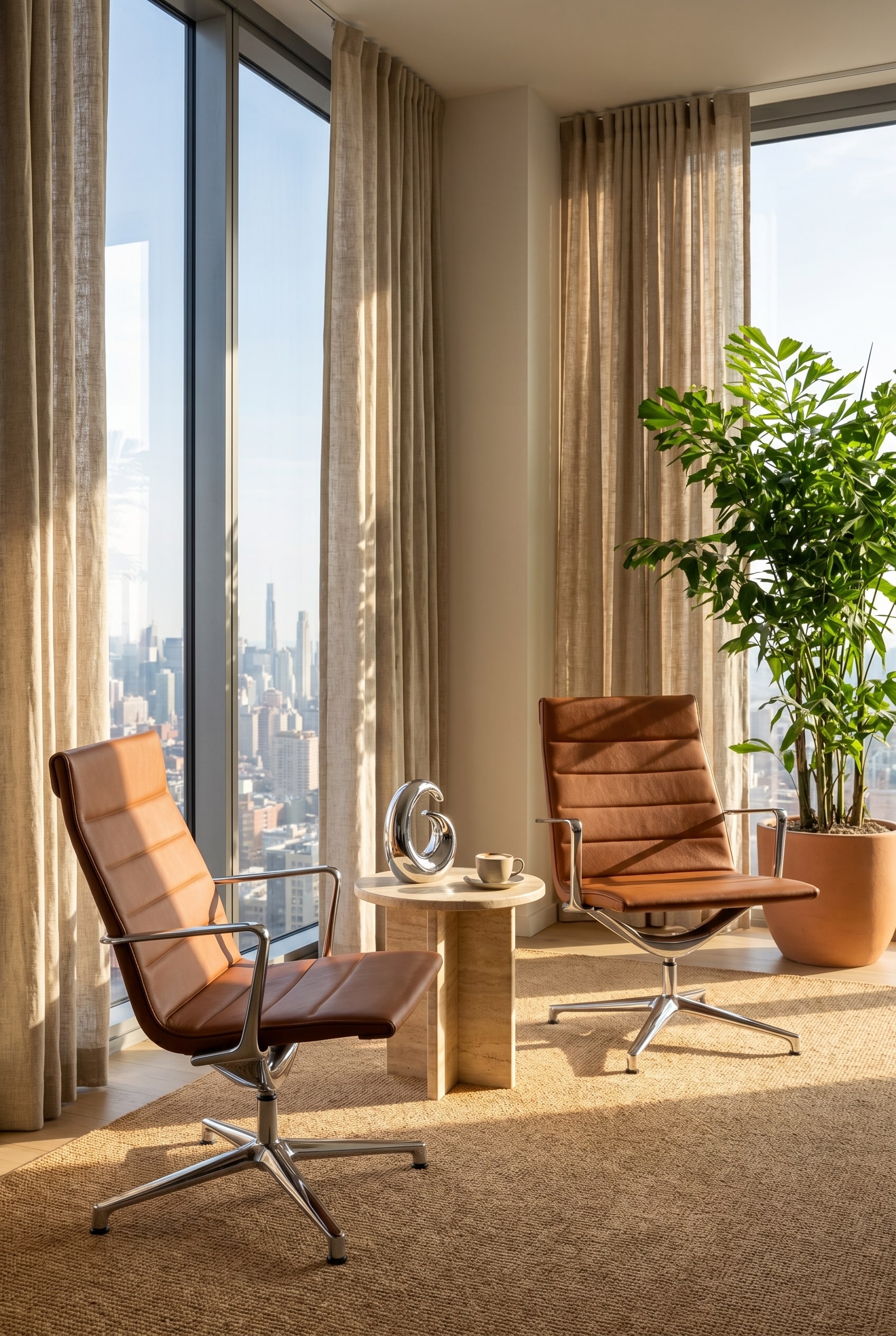 Cognacfarbener Lounge-Bürostuhl in einer sonnigen Ecke mit großem Fenster und strukturierten Leinen-Vorhängen