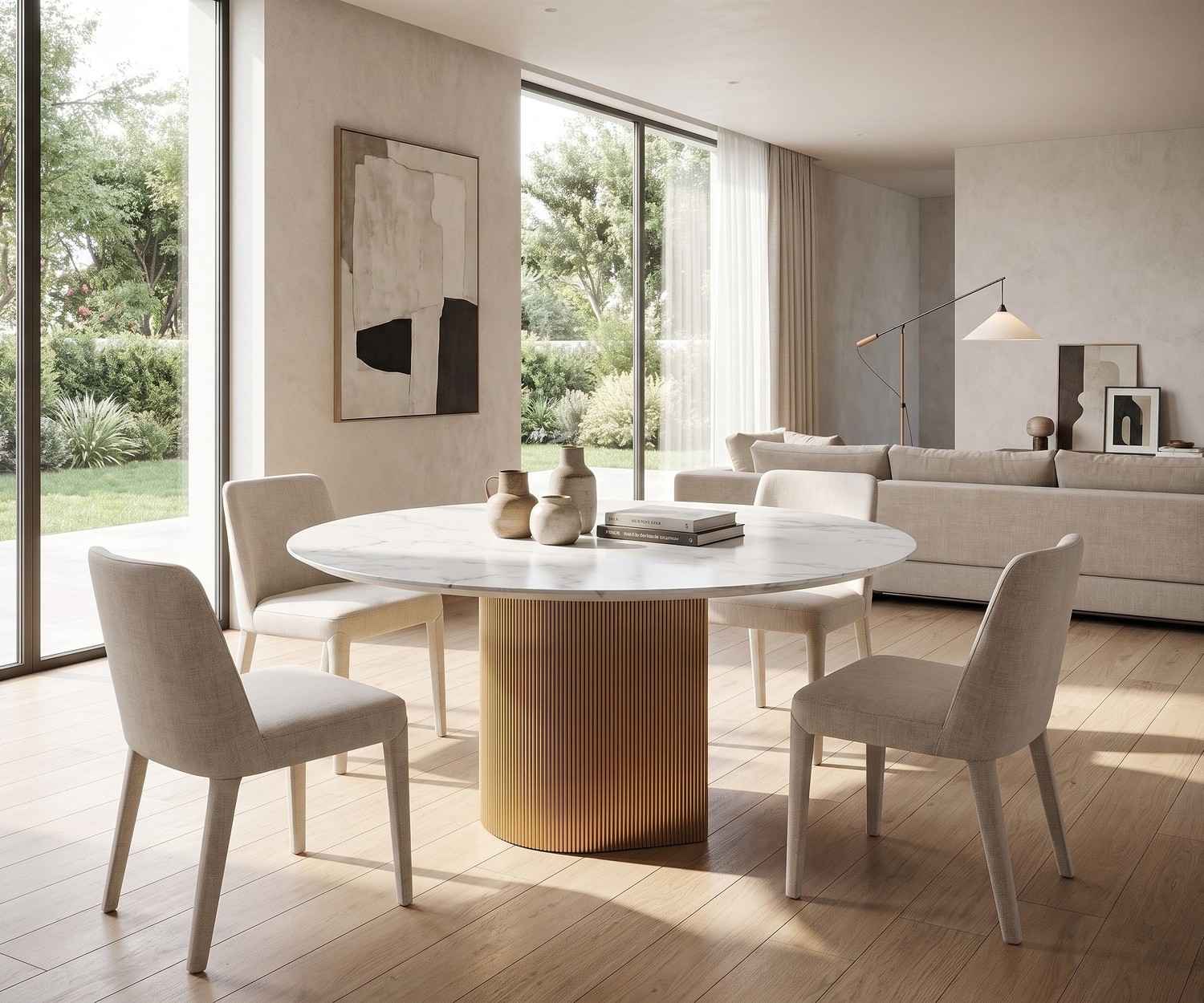 al2 dakry br 001 runder Esstisch mit Rillendesign-Mittelfuß Esstisch rund al2 dakry br 001 für Esszimmer, moderner runder Tisch mit weißer Marmorplatte und gerilltem Metallfuß.