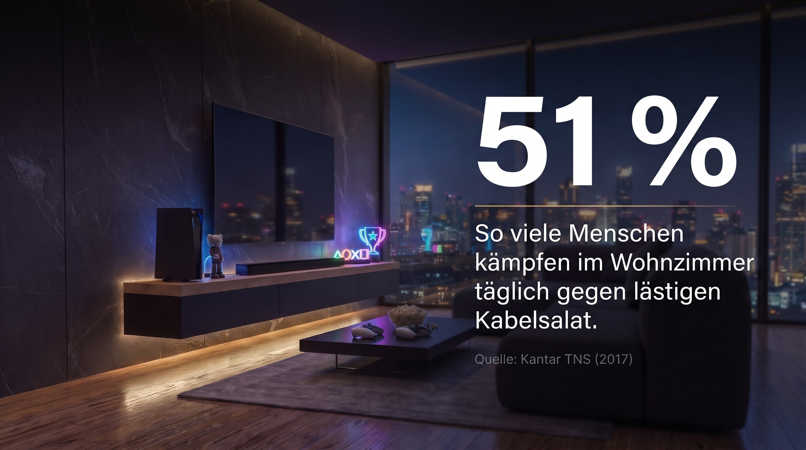 51 % – So viele Menschen kämpfen im Wohnzimmer täglich gegen lästigen Kabelsalat.