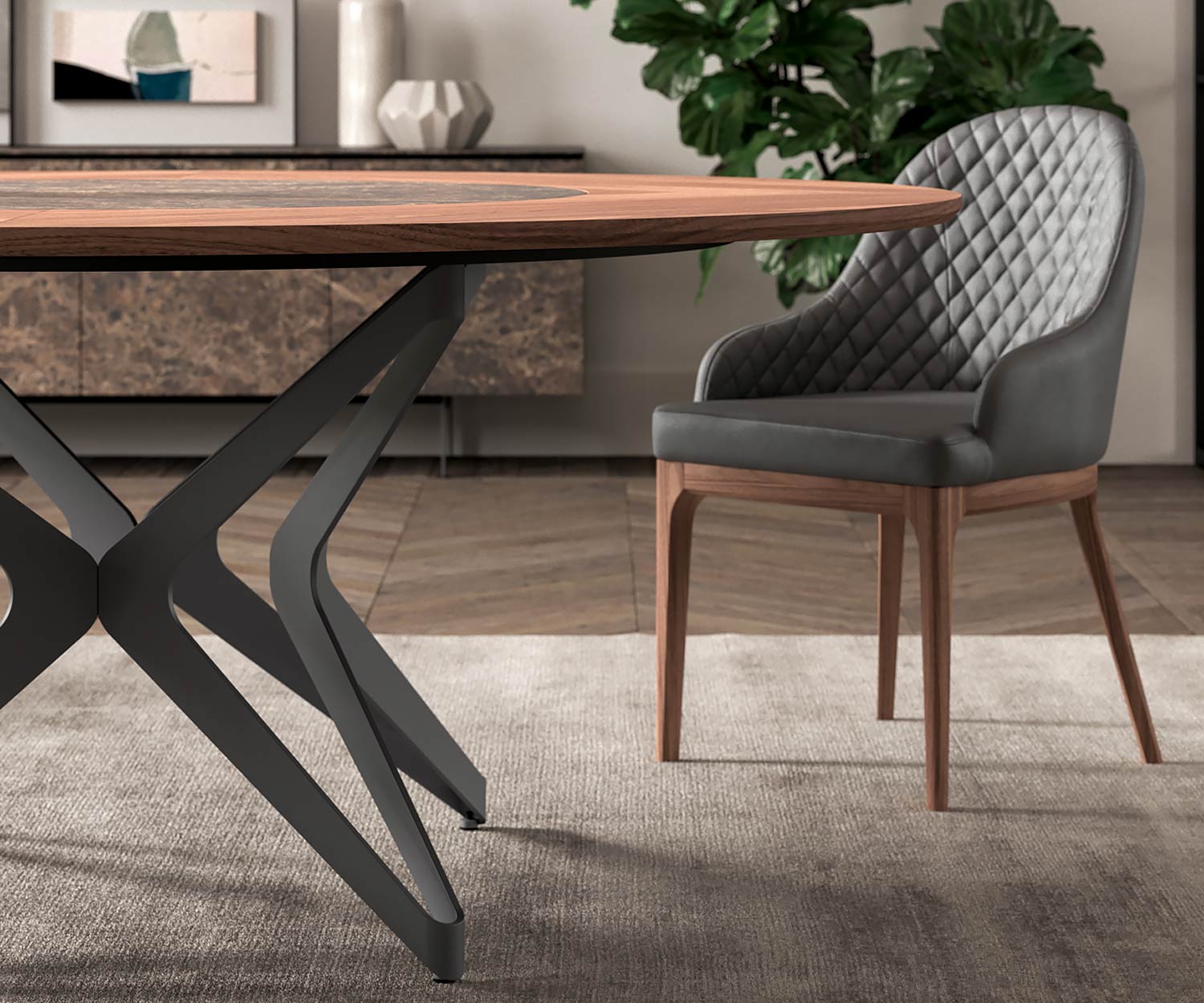 Hochwertiger Design Esstisch Detail Stärke der Tischplatte Walnuss Furnier Drehplatte Hochwertiger Design Esstisch Detail Stärke der Tischplatte Walnuss Furnier Drehplatte