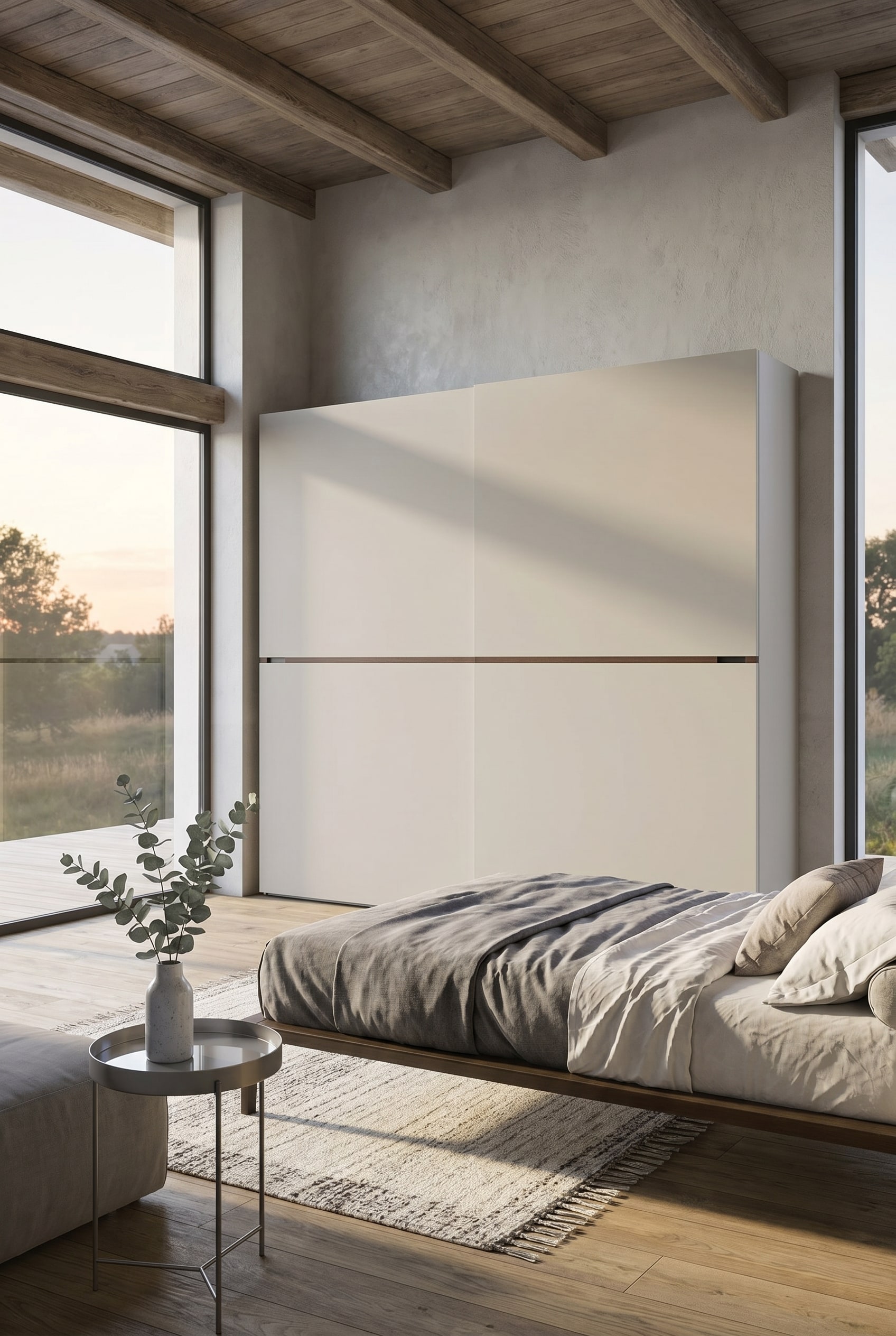 Minimalistisches Feng Shui Schlafzimmer mit breitem Schiebetürenschrank in matten Tönen Minimalistisches Feng Shui Schlafzimmer mit breitem Schiebetürenschrank in matten Tönen