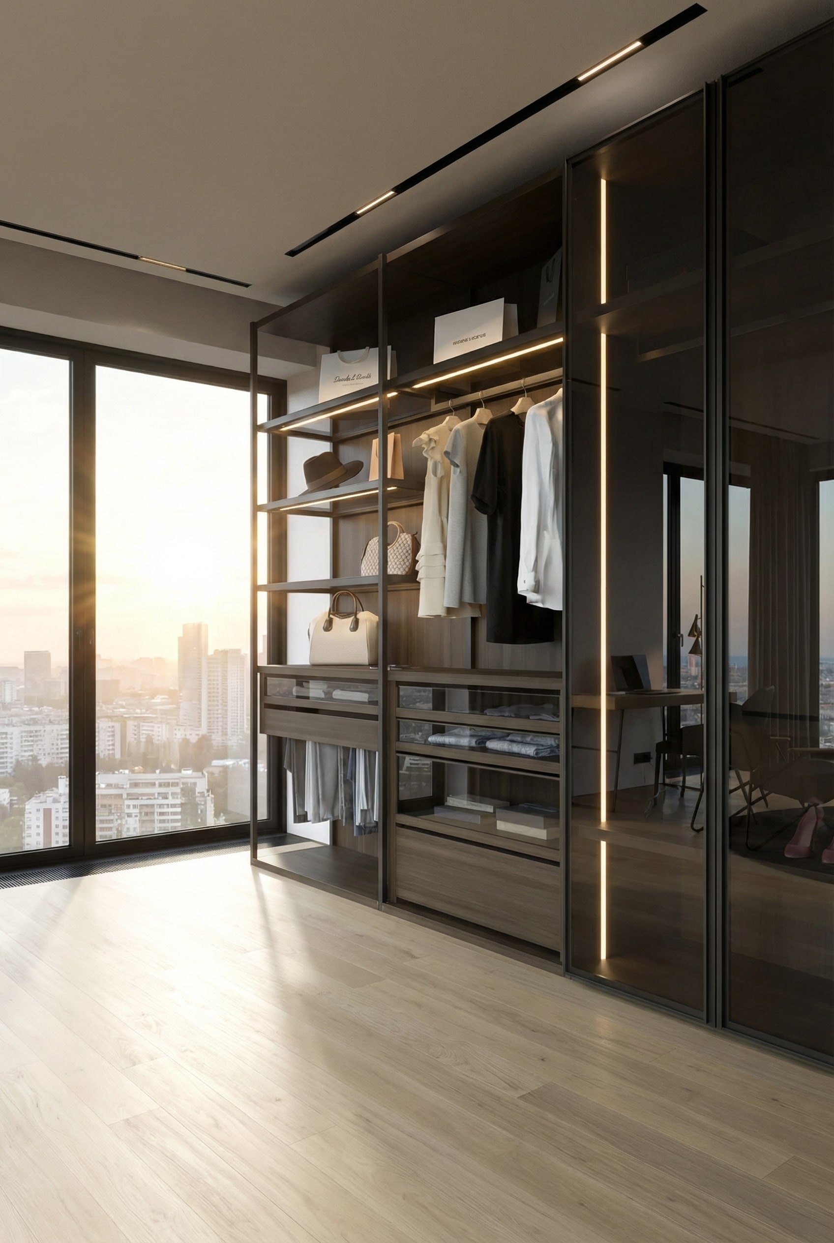 Elegantes Ankleidezimmer mit rauchgrauen Glast&uuml;ren im Boutique-Stil