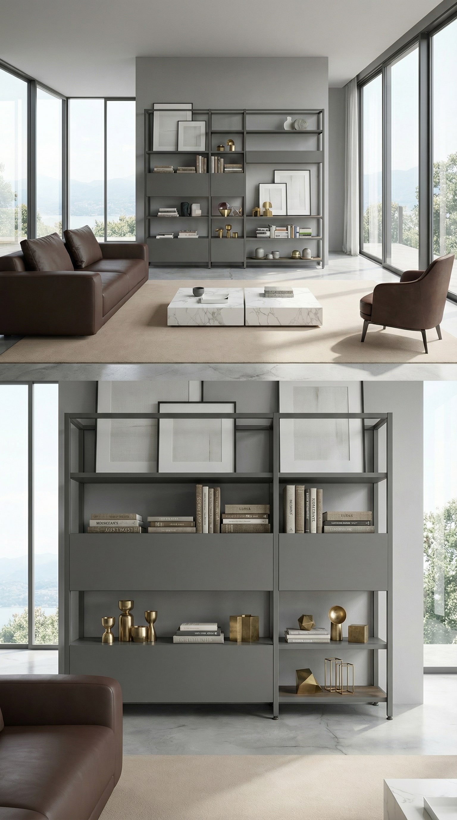 Elegantes Metall-Holz-Regal mit tiefengestaffelter Dekoration