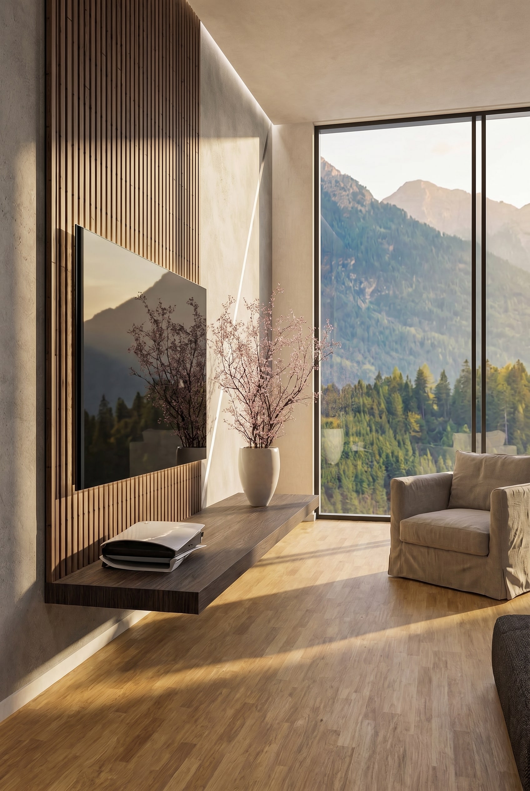 Wohnwand mit flachem Lowboard und vertikalen Holzlamellen mit Hintergrundbeleuchtung