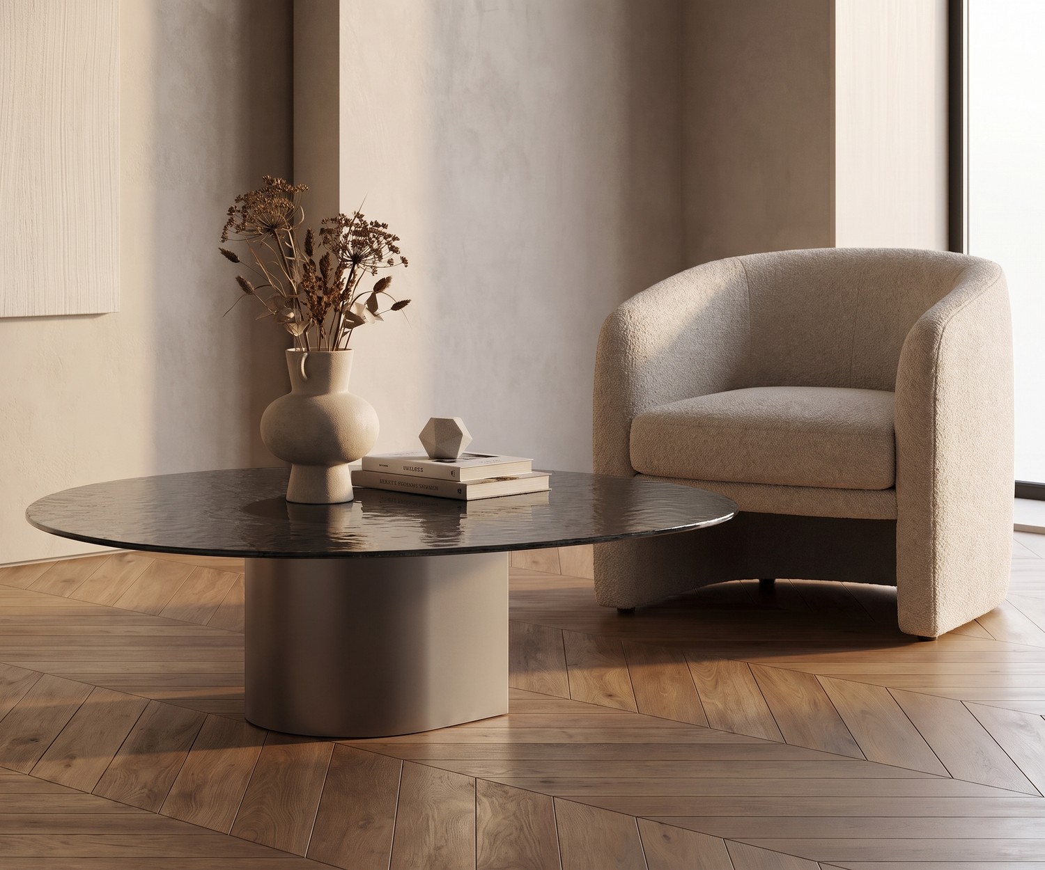 al2 dakry 006 Couchtisch-Set aus Keramik und Holz Couchtisch fürs Wohnzimmer al2 dakry 006 im eleganten Set aus Keramik und Holz vor modernem grauem Ecksofa.