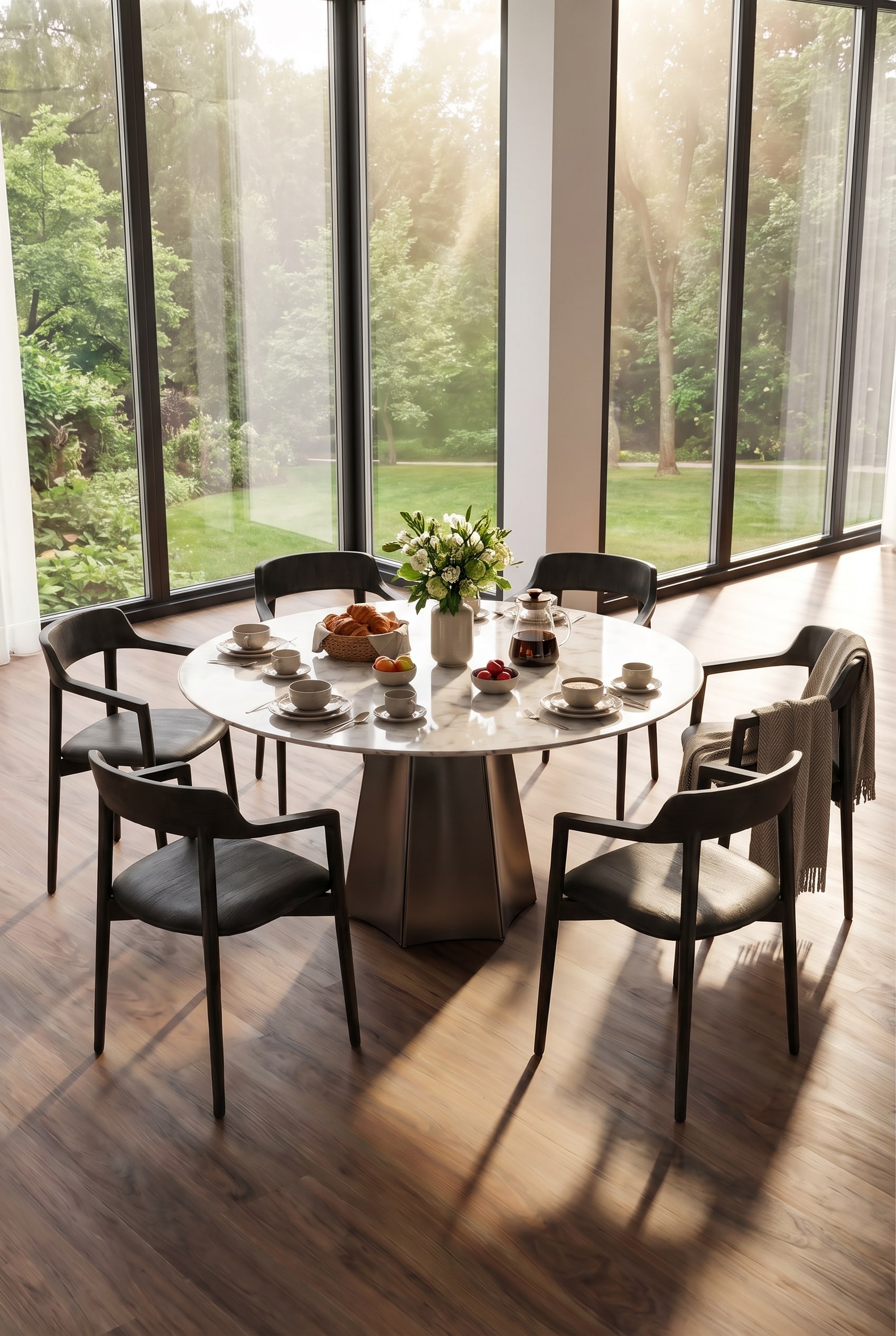 Ein stilvoll gedeckter Livitalia Keramik Esstisch Poliedro beim familiären Sonntagsfrühstück.