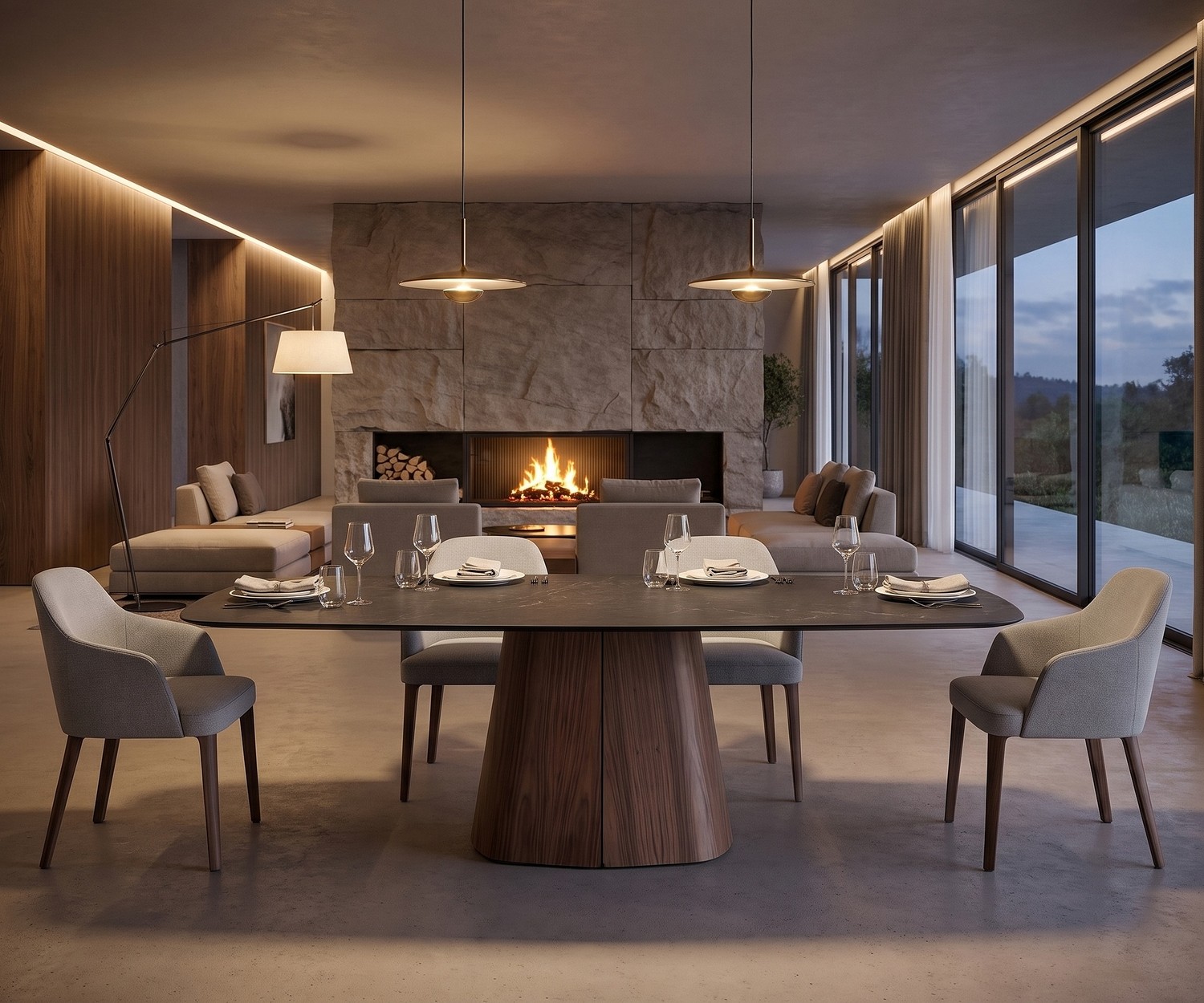 al2 tessera 001 Esstisch mit ovaler Keramikplatte und Holzfuß im luxuriösen Esszimmer mit Kamin, modern eingedeckt.