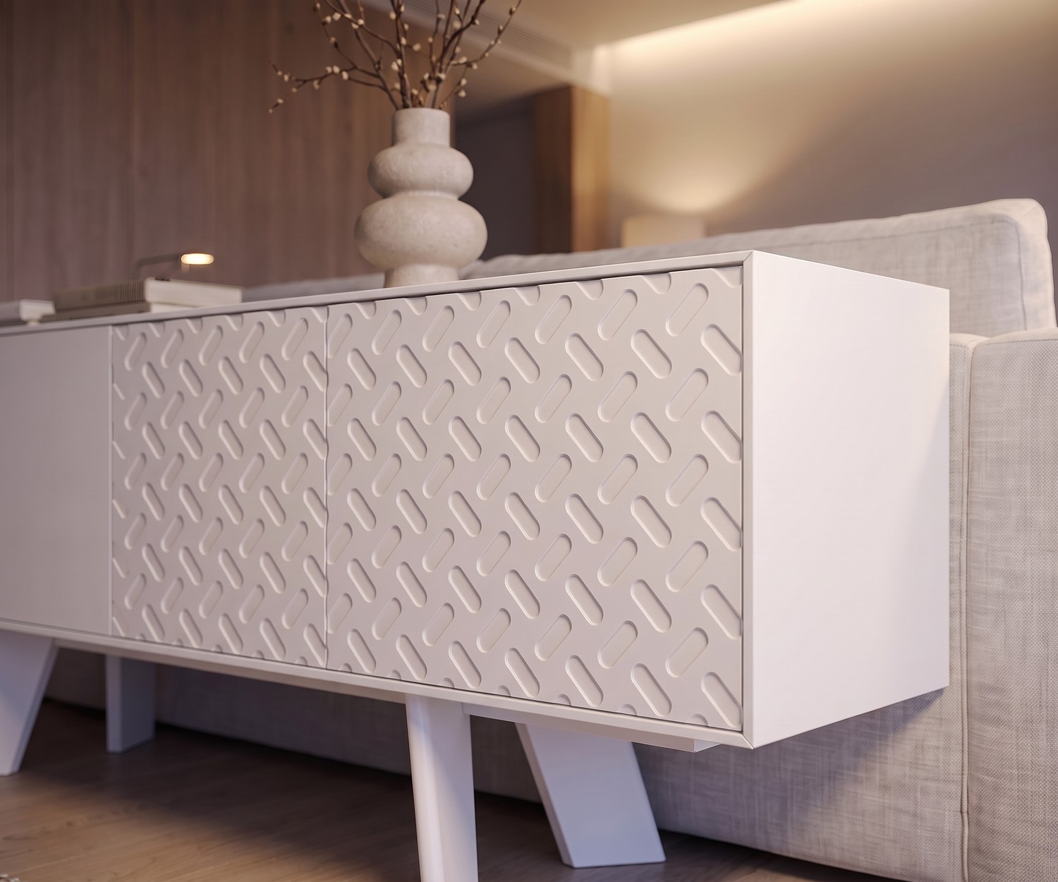 Modernes al2 Design Sideboard Alhambra 003 in Weiß al2 Sideboard Alhambra 003 für das Wohnzimmer mit strukturierter Front in Weiß, modern eingerichtet neben dem Sofa.