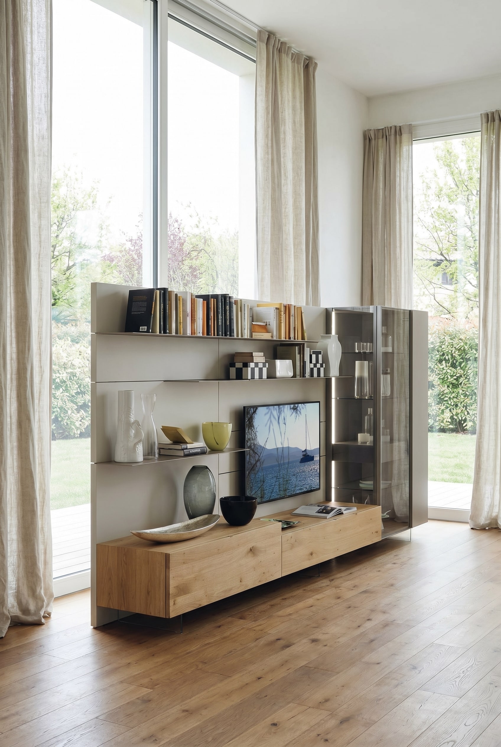 Wohnwand mit Holzelementen und integrierter, beleuchteter Rauchglasvitrine