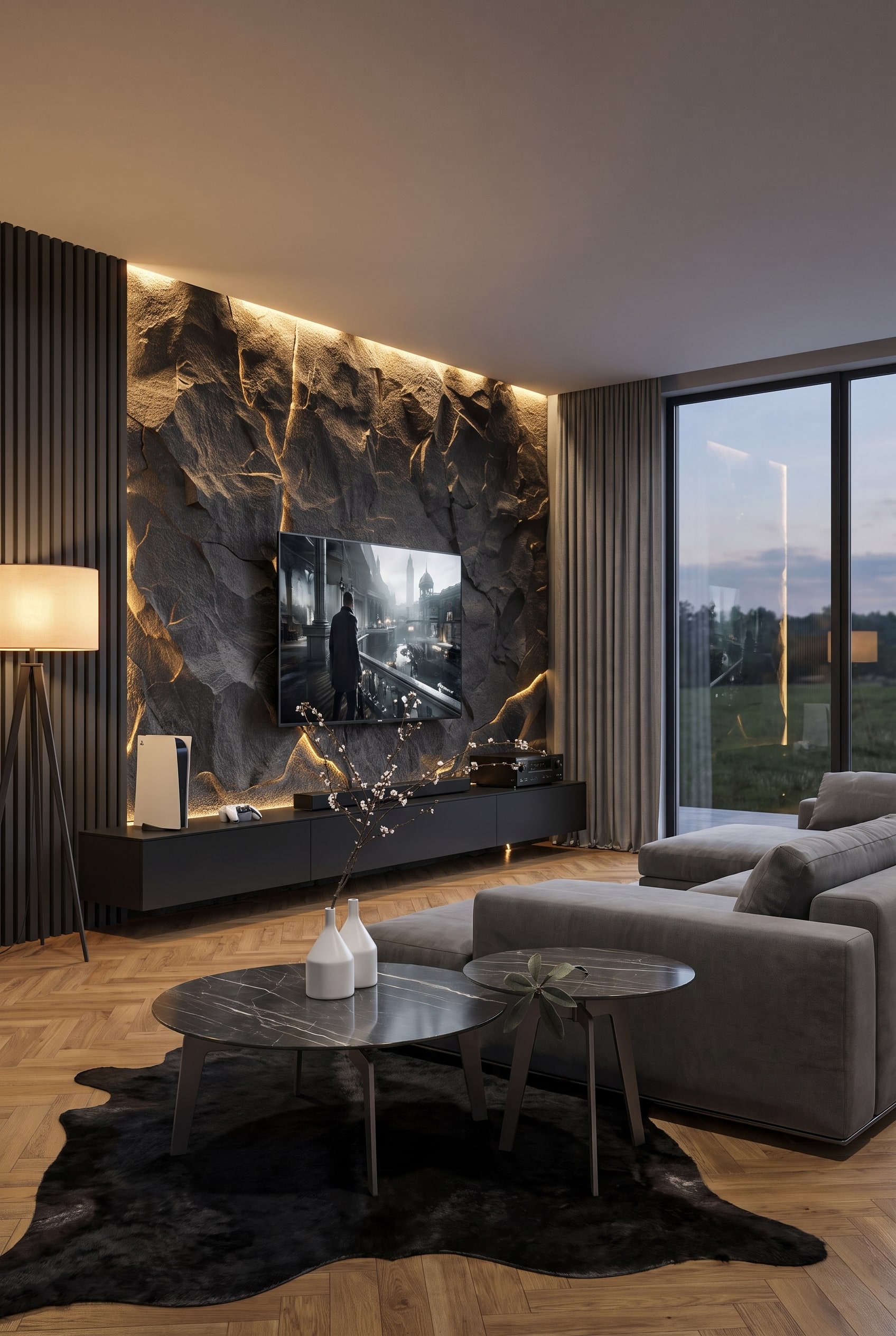 Ein elegant eingerichtetes Wohnzimmer mit dezenter, warmwei&szlig;er indirekter Beleuchtung hinter dem Monitor und einem minimalistischen Beistelltisch neben dem Sofa.