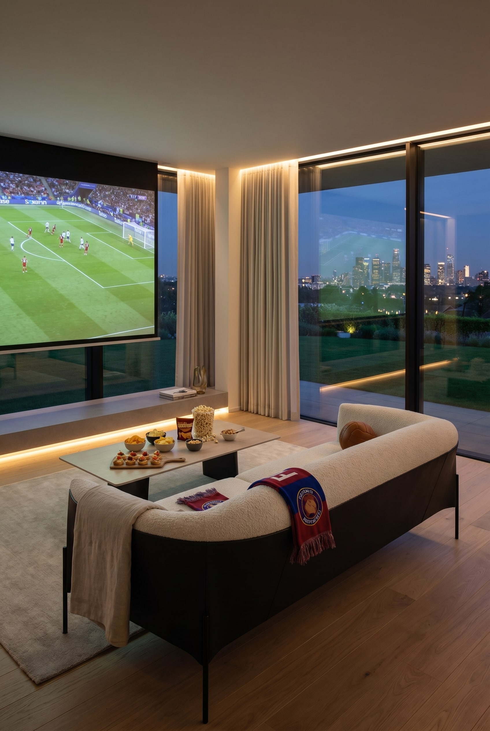 Modernes Wohnzimmer mit gro&szlig;z&uuml;gigem beigefarbenem Modulsofa, elegantem Couchtisch und gro&szlig;em Panoramafenster mit Blick auf die Stadt