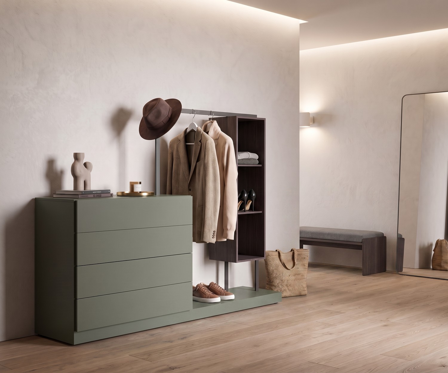 Kommode mit Garderobe Easy 4 im Flur, grünes Design-Flurmöbel mit Kleiderstange und Schubladen im minimalistischen Stil