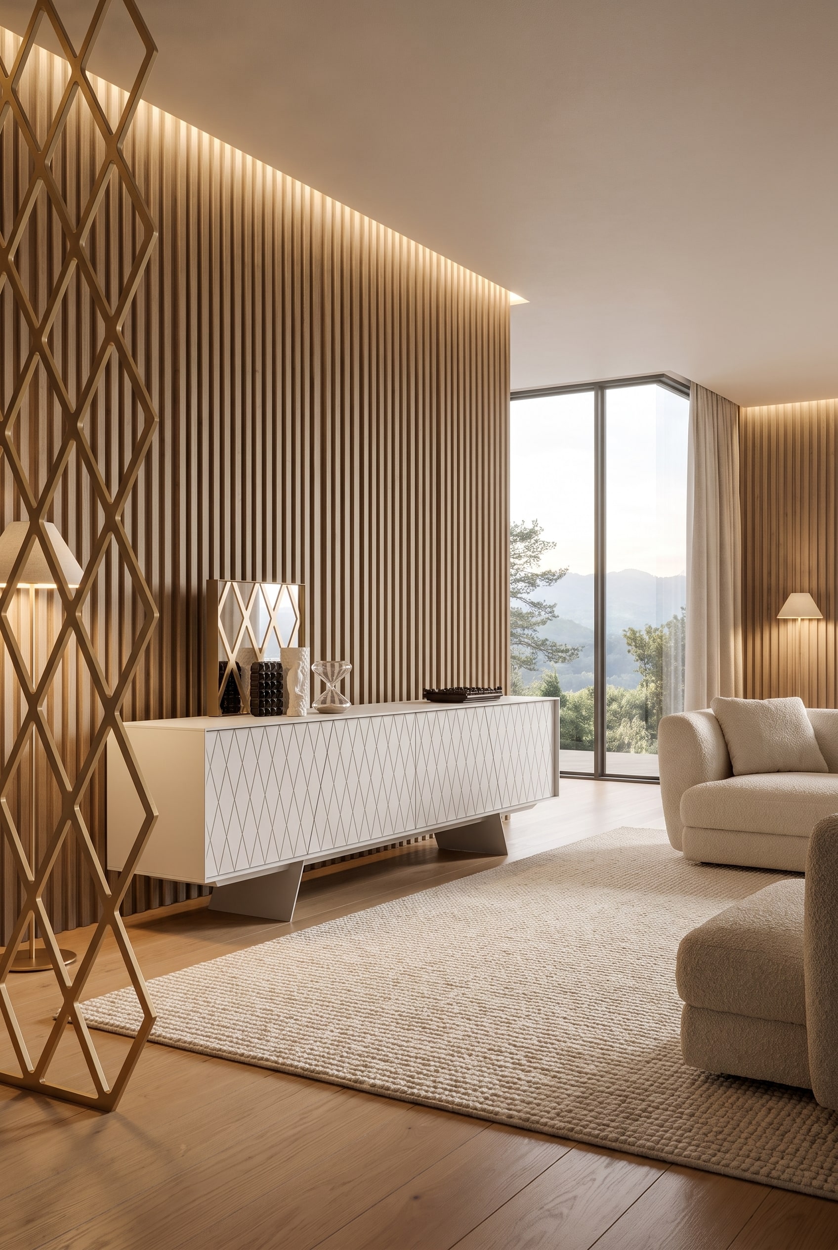 Gro&szlig;z&uuml;giges Wohnzimmer im Ton-in-Ton-Design mit einem massiven al2 e-klipse 003 Sideboard, dessen skulpturale Relief-Fronten markante Licht- und Schattenspiele erzeugen.