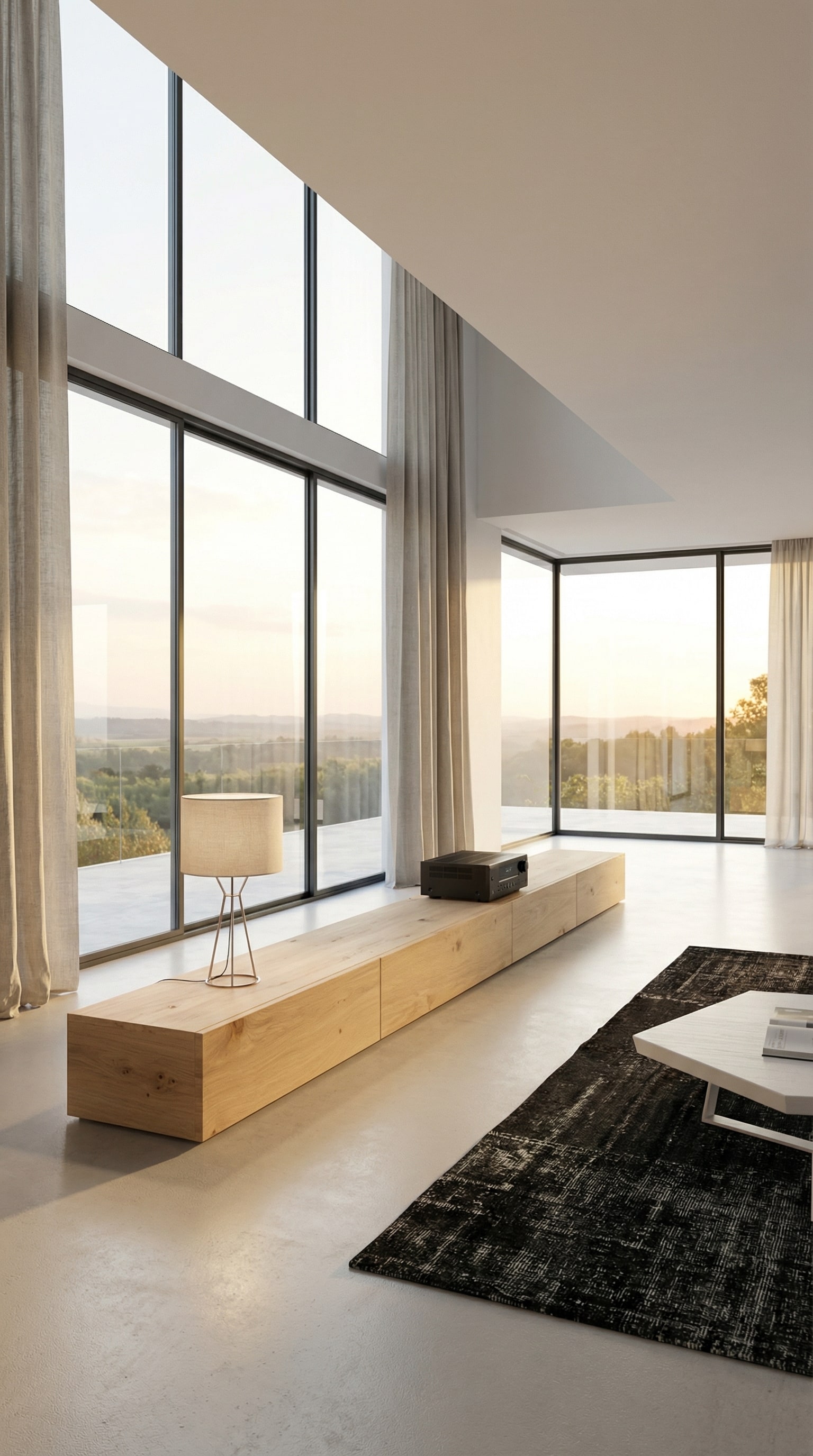 Ein extrem breites, bodennahes Livitalia Holz Lowboard in heller Eiche entlang einer Fensterfront