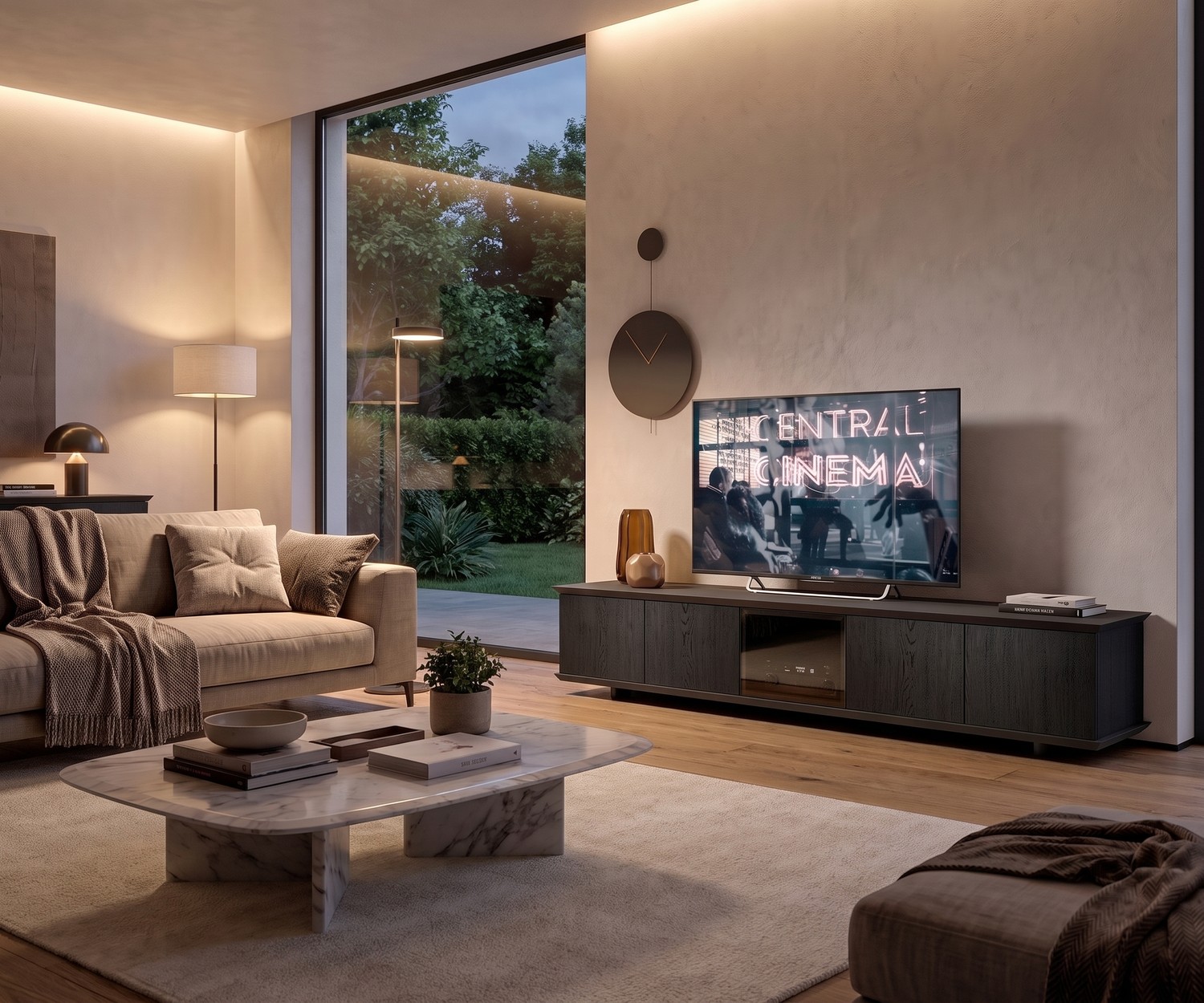 Ozzio Brera TV Lowboard mit Rauchglas-Tür im modernen Wohnzimmer. Schwarzes Holz-Sideboard für Mediathek & Fernseher.