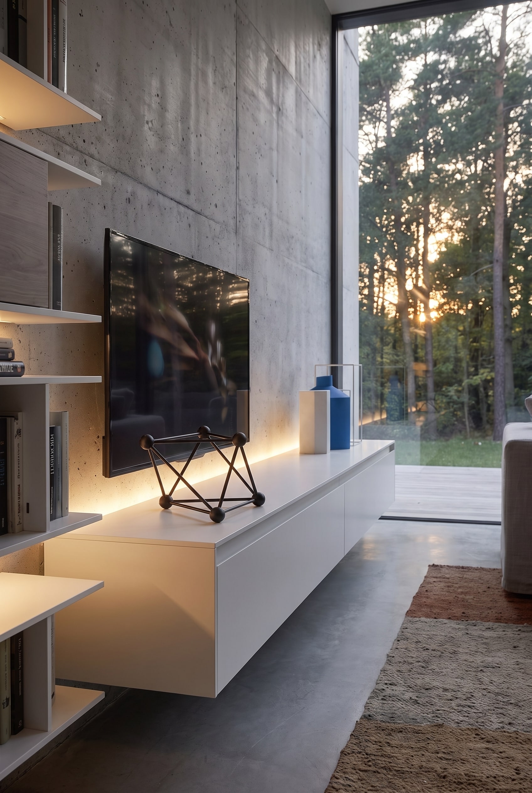 Seitliche Ansicht des weißen Lowboards mit geometrischem Deko-Objekt und indirekter LED-Beleuchtung auf Sichtbeton.