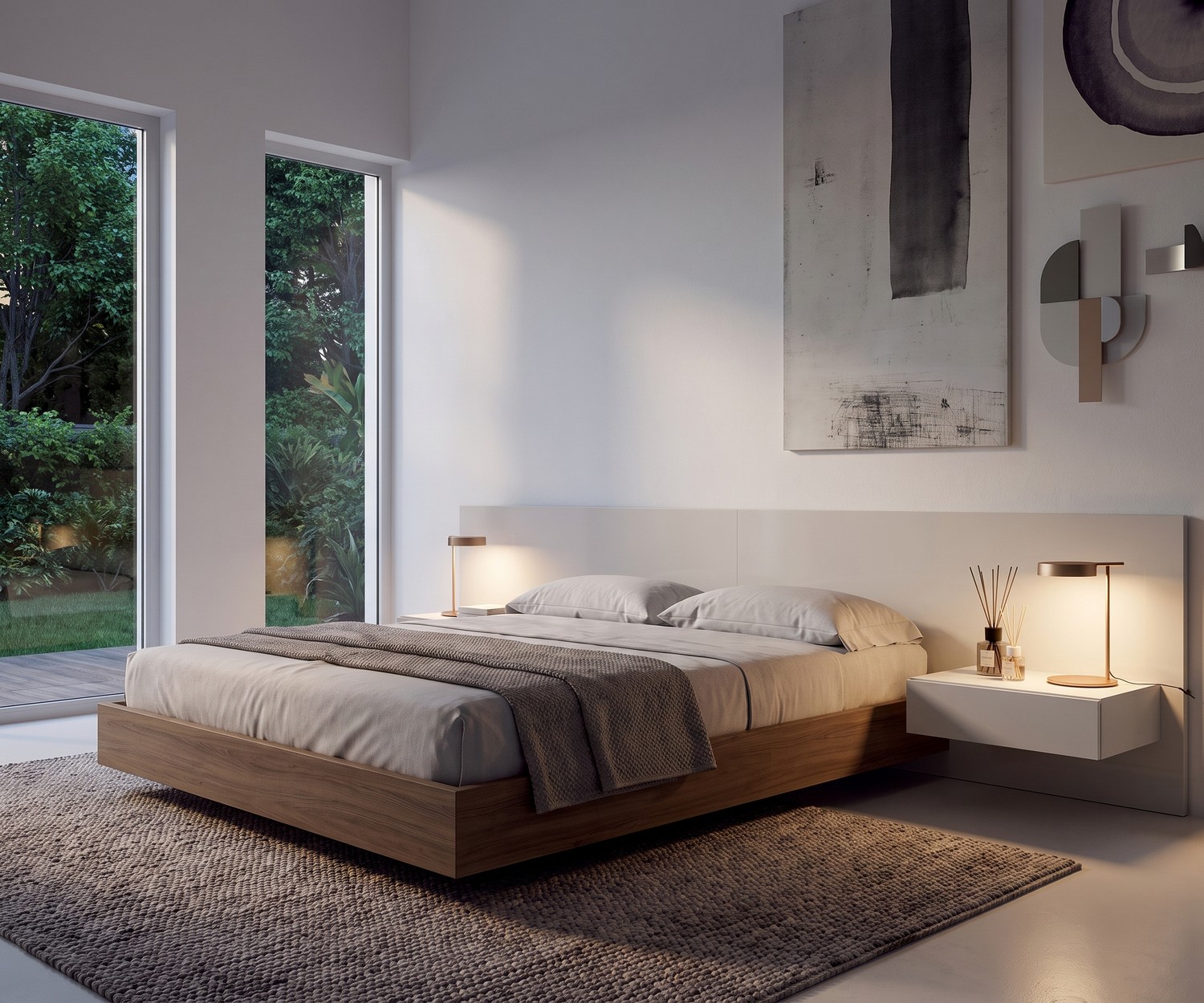 Novamobili Easy Nachttisch mit 1 Schublade, schwebend am Bett-Kopfteil im modernen Schlafzimmer in Weiß.