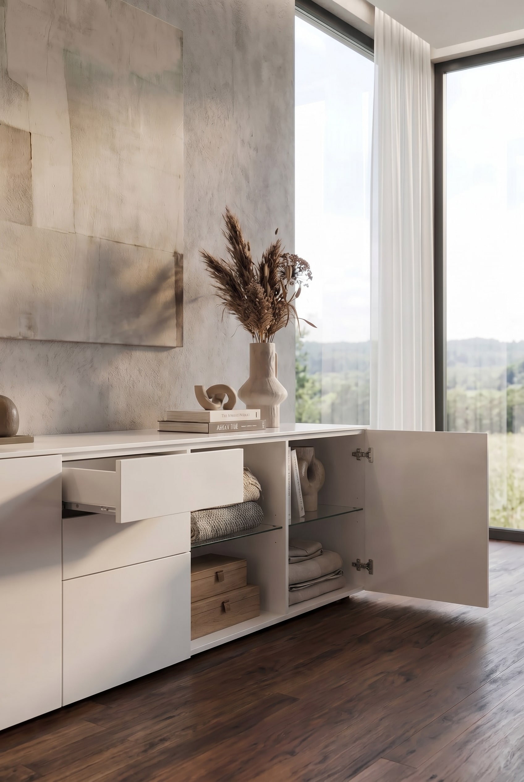 Livitalia Sideboard Nolea von innen, mit elegant sortiertem Home-Office Zubehör auf Glaseinlegeböden