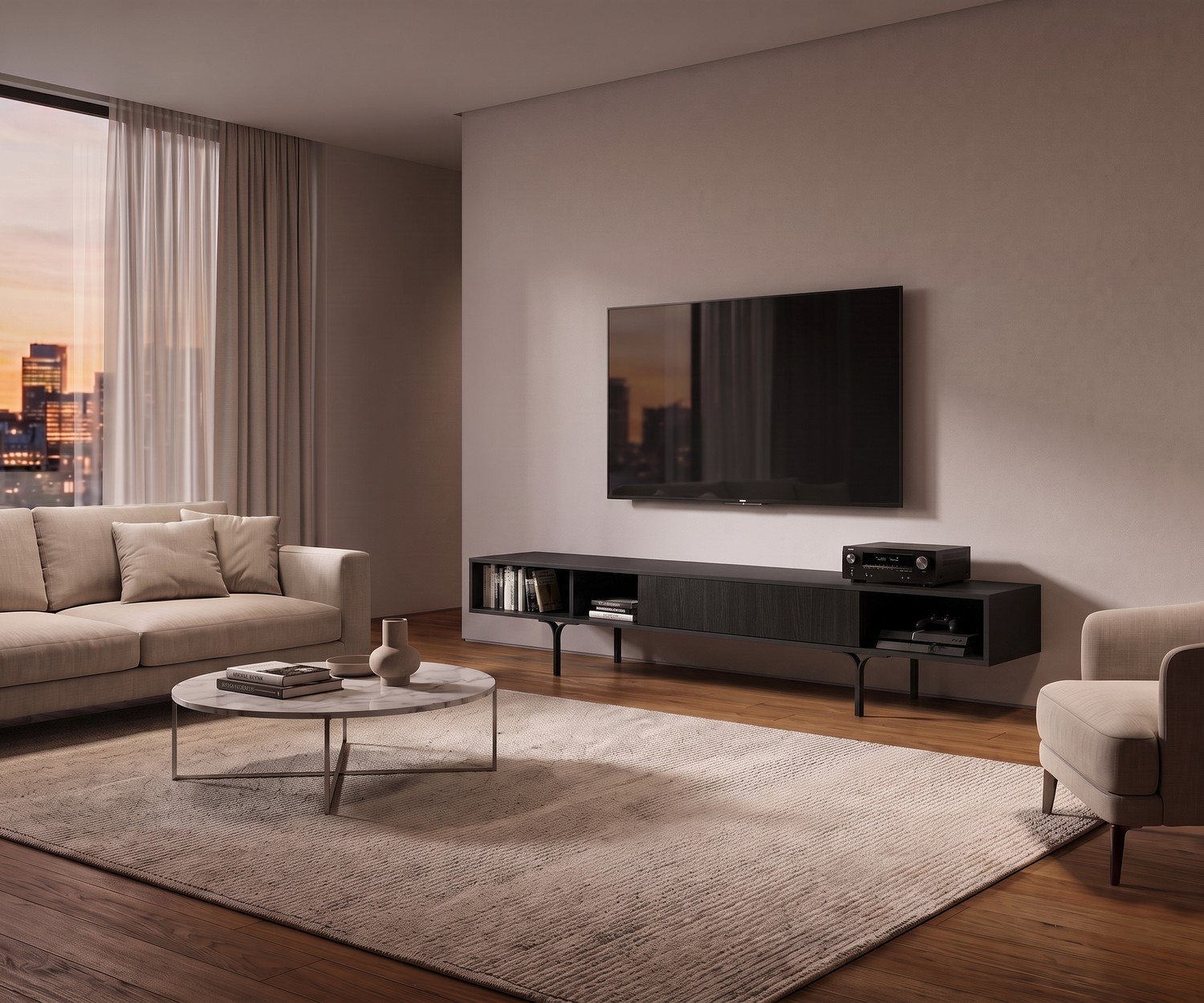 al2 Mobius 005 Design Lowboard mit Eukalyptus-Schublade al2 Mobius 005 TV-Lowboard im modernen Wohnzimmer unter dem Fernseher, dunkles Holz mit grazilen Beinen und offenem Fach.