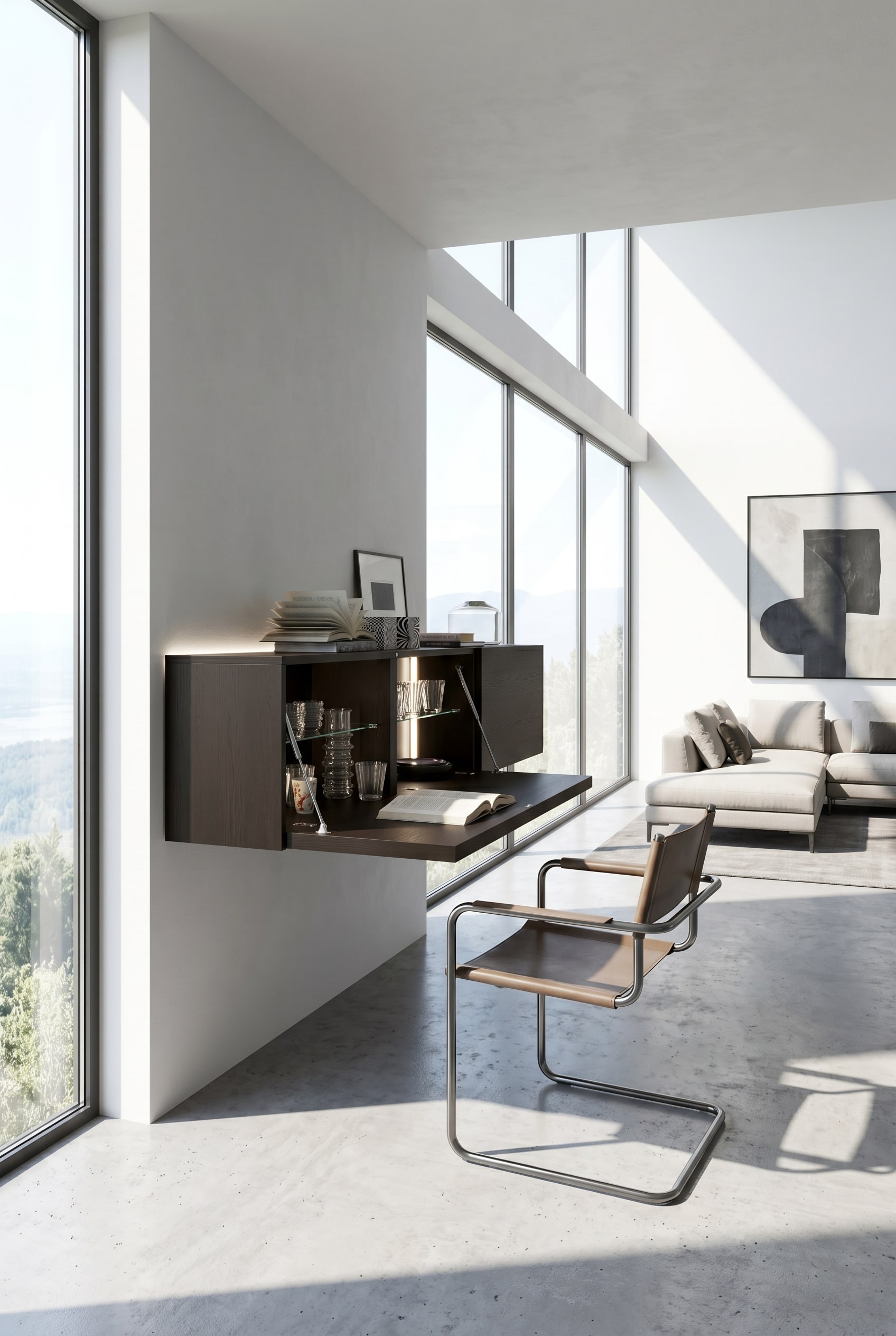 Ein eleganter Hängeschrank, der aufgeklappt als moderner Schreibtisch im Wohnzimmer dient. Ein eleganter Hängeschrank, der aufgeklappt als moderner Schreibtisch im Wohnzimmer dient.