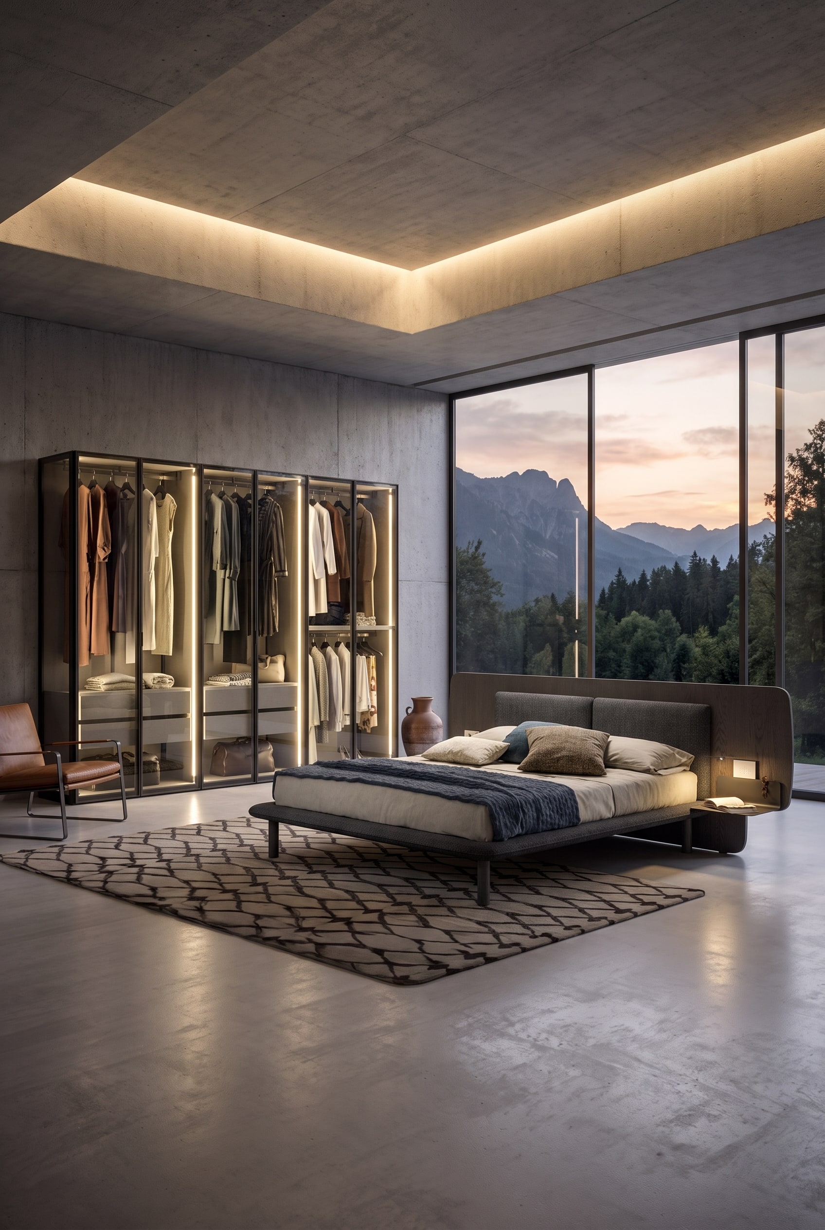Modernes Schlafzimmer mit verglastem Kleiderschrank, beleuchtetem Innenraum und einem Polsterbett vor einer rohen Betonwand.