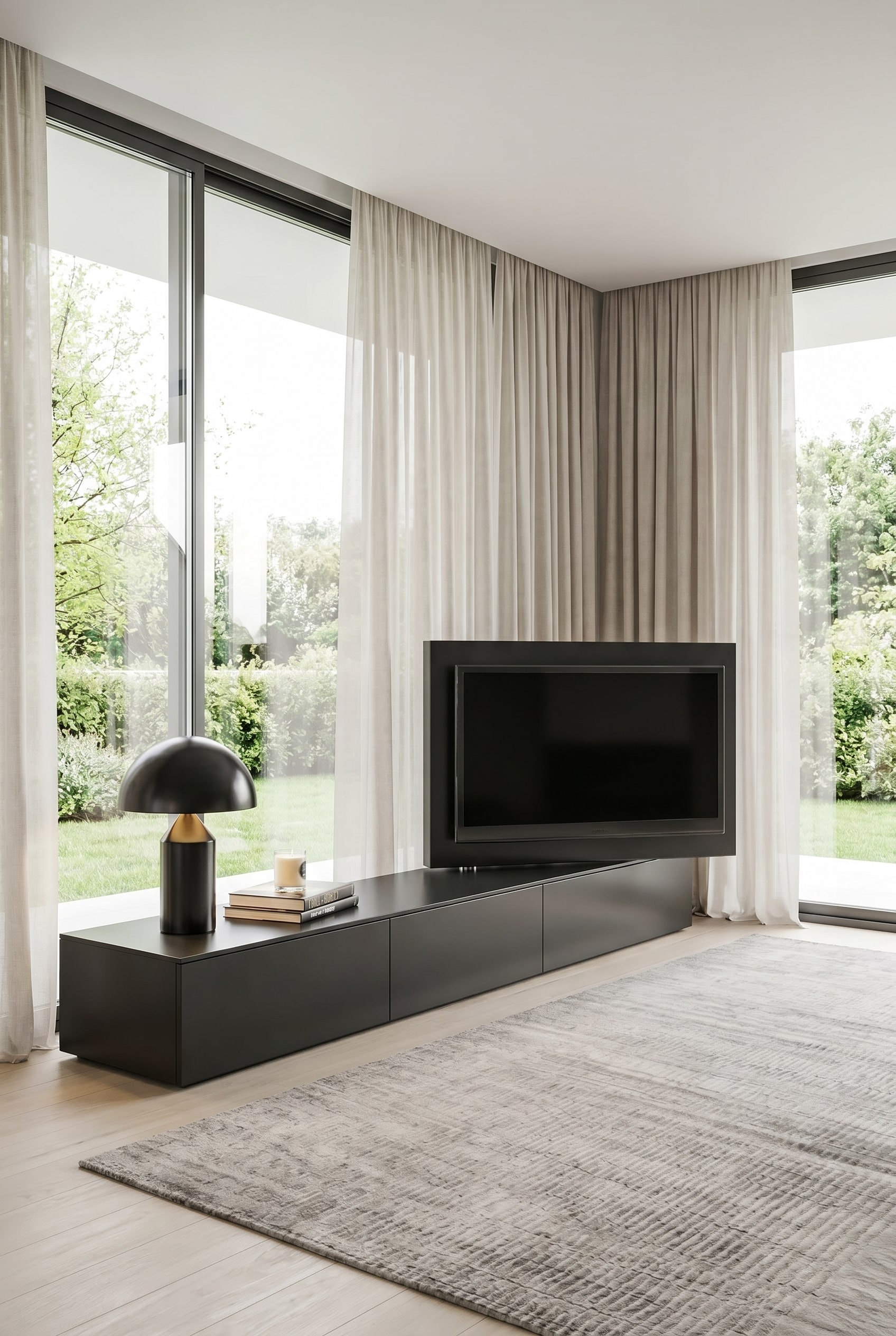 Modernes schwarzes Lowboard mit integriertem, leicht geschwenktem TV-Paneel Modernes schwarzes Lowboard mit integriertem, leicht geschwenktem TV-Paneel