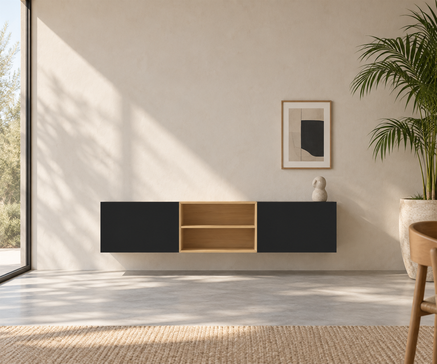 Livitalia Box 18 Wand Sideboard 180 cm – Matt Schwarz + Eiche Hell