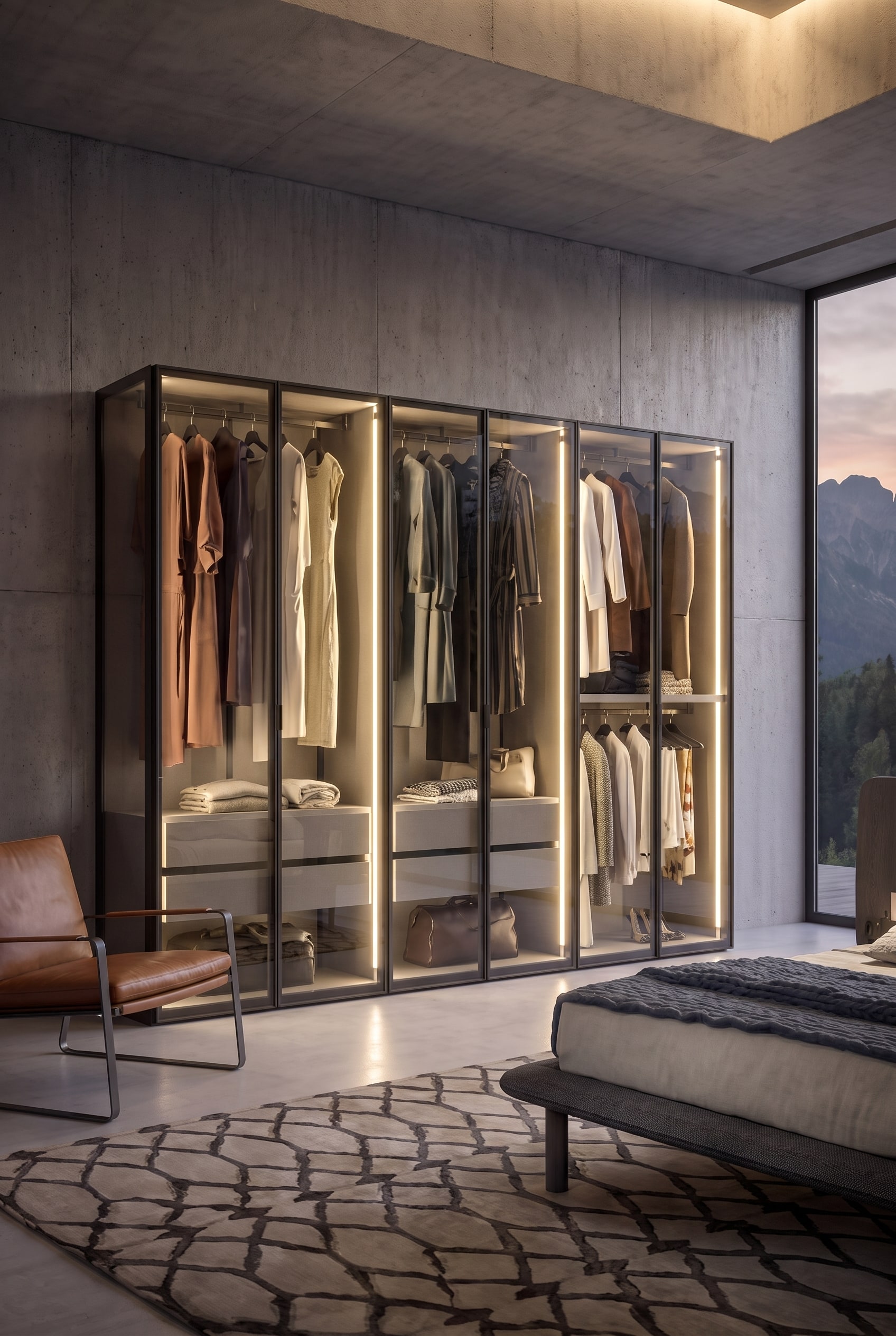 Detailansicht eines beleuchteten Glas-Kleiderschranks mit akkurat aufgeh&auml;ngter Kleidung und einem braunen Ledersessel im Vordergrund.