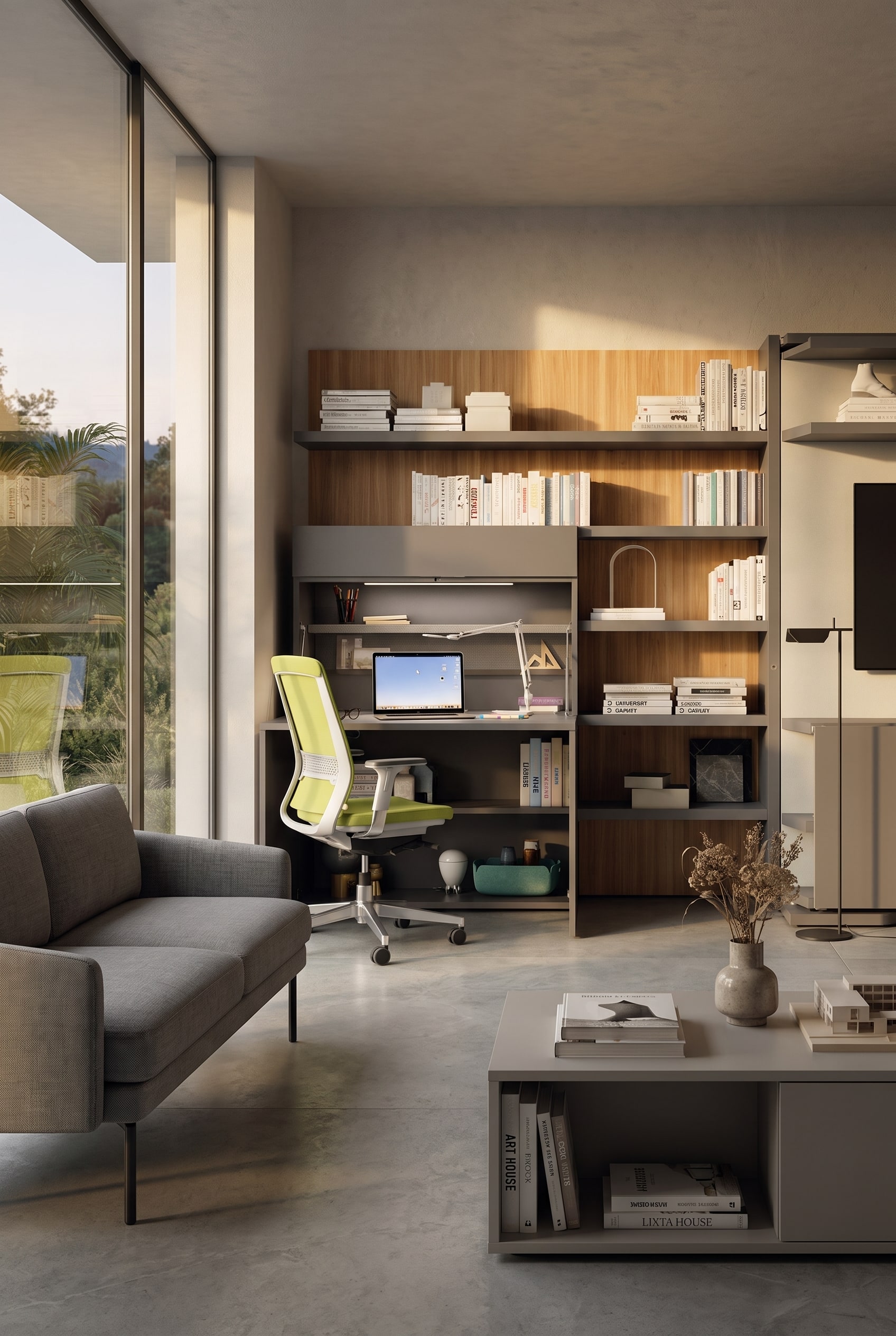 Ein helles, minimalistisches Home-Office mit einem ergonomischen B&uuml;rostuhl und einem in ein Highboard integrierten Schreibtisch.