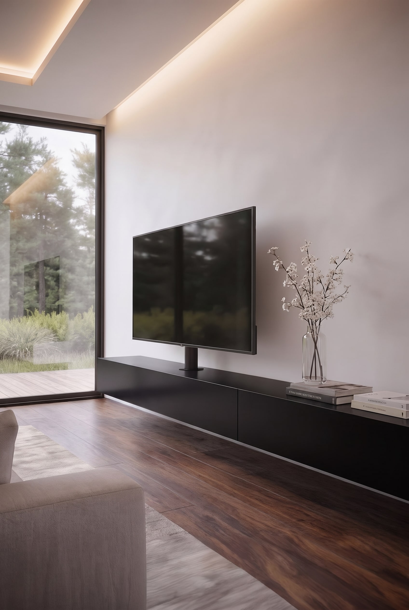 Modernes Livitalia Vesa Lowboard mit integrierter TV-Halterung und komplett unsichtbarer Kabelführung