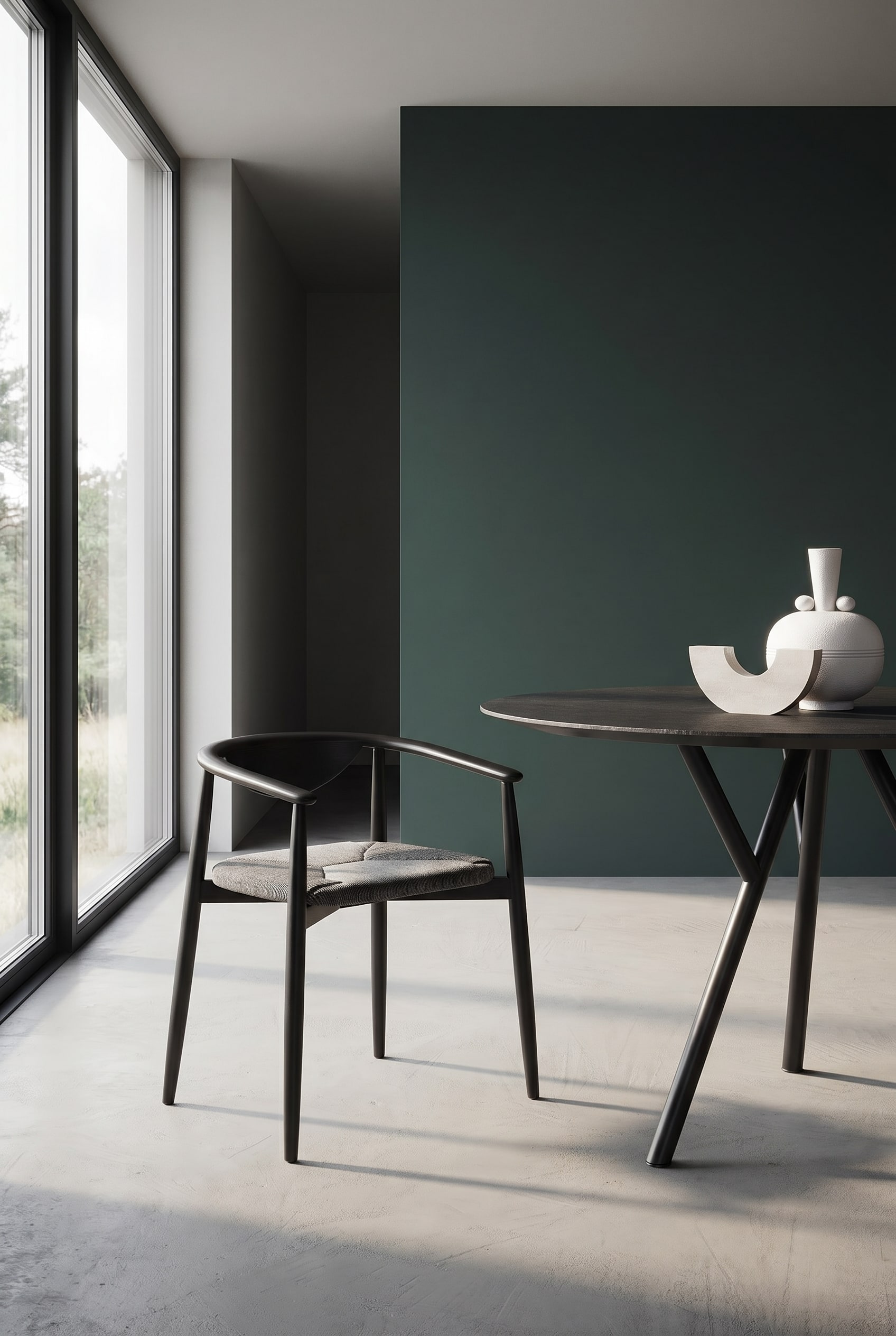 Dunkelgr&uuml;nes Esszimmer mit schwarzem Designerstuhl aus Esche und strukturiertem Polstersitz an rundem schwarzen Esstisch
