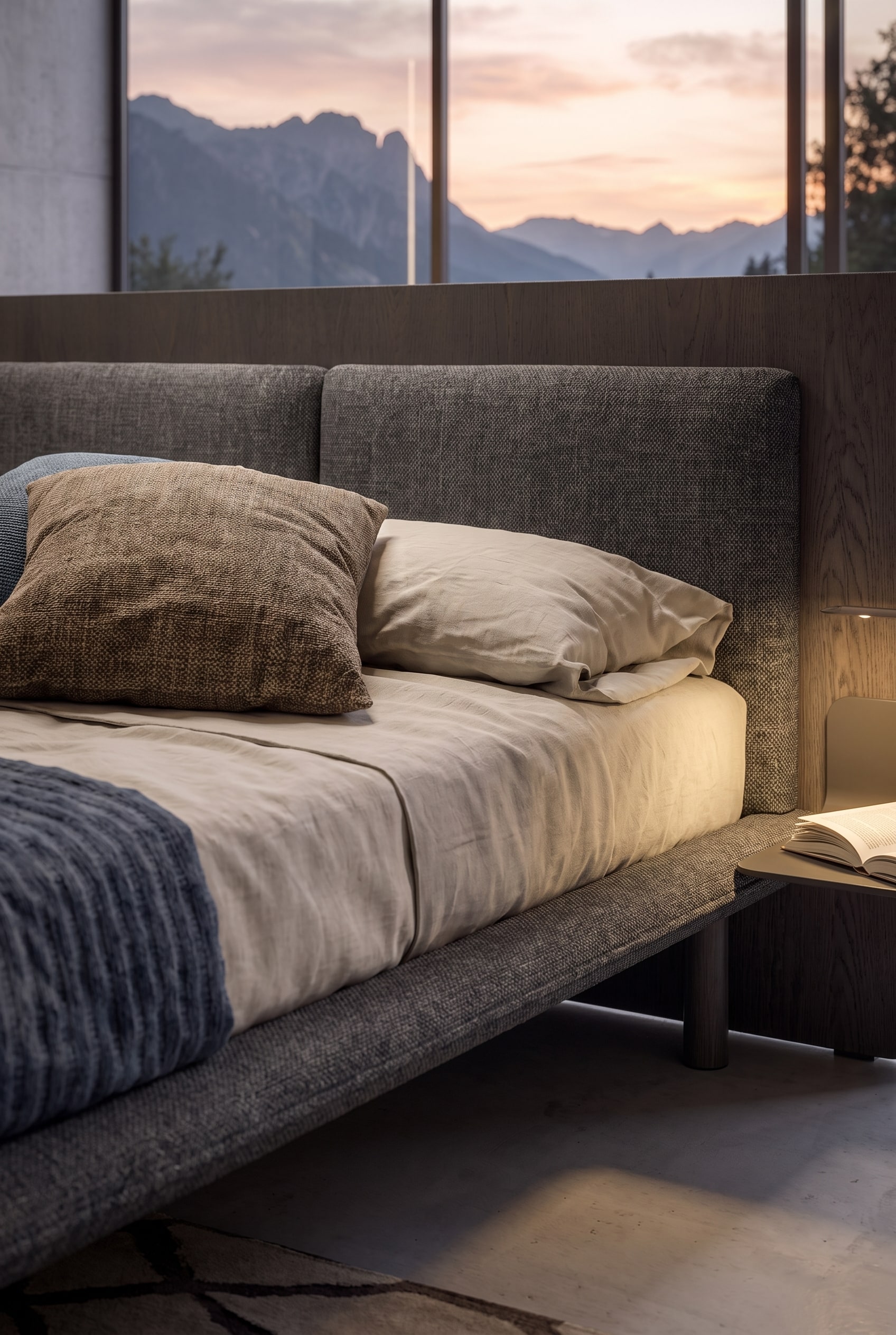 Detailaufnahme von strukturierten Kissen und Leinenbettwäsche in Erdtönen auf einem Polsterbett.