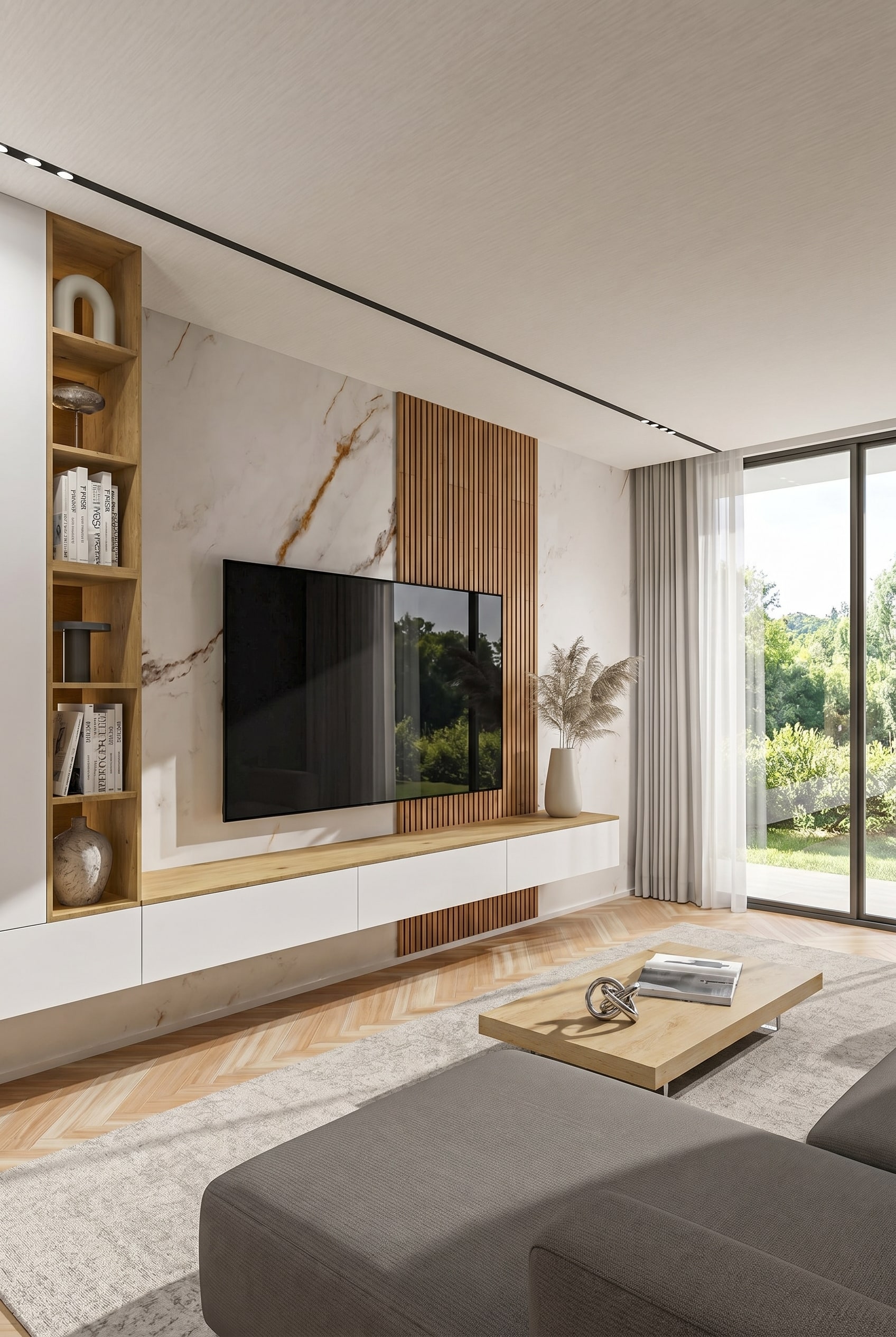 Raumhohe Wohnwand, die den vertikalen Platz in einem modernen Wohnzimmer optimal nutzt Raumhohe Wohnwand, die den vertikalen Platz in einem modernen Wohnzimmer optimal nutzt