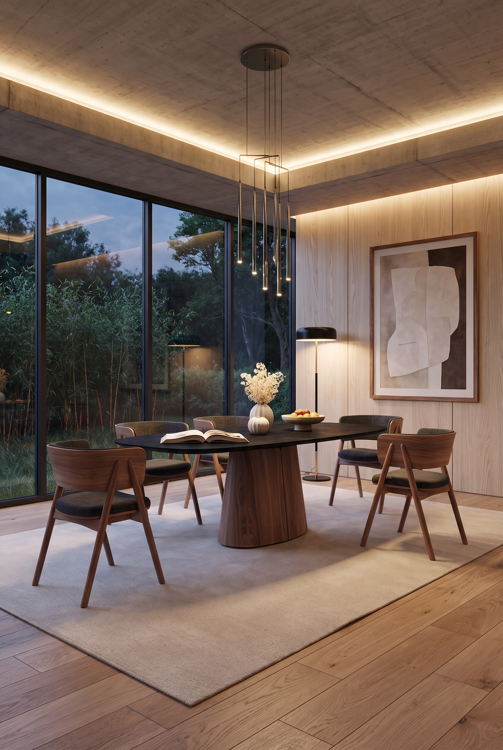 Modernes Wohn-Esszimmer mit massivem Esstisch in dunklem Nussbaumholz