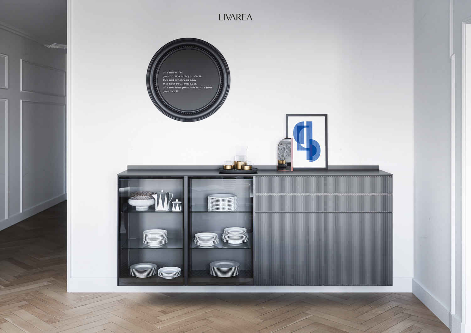 Exklusiver Vitrinen Schrank mit Glastüren und Schubladen schwebend an der Wand Exklusiver Vitrinen Schrank mit Glastüren und Schubladen schwebend an der Wand