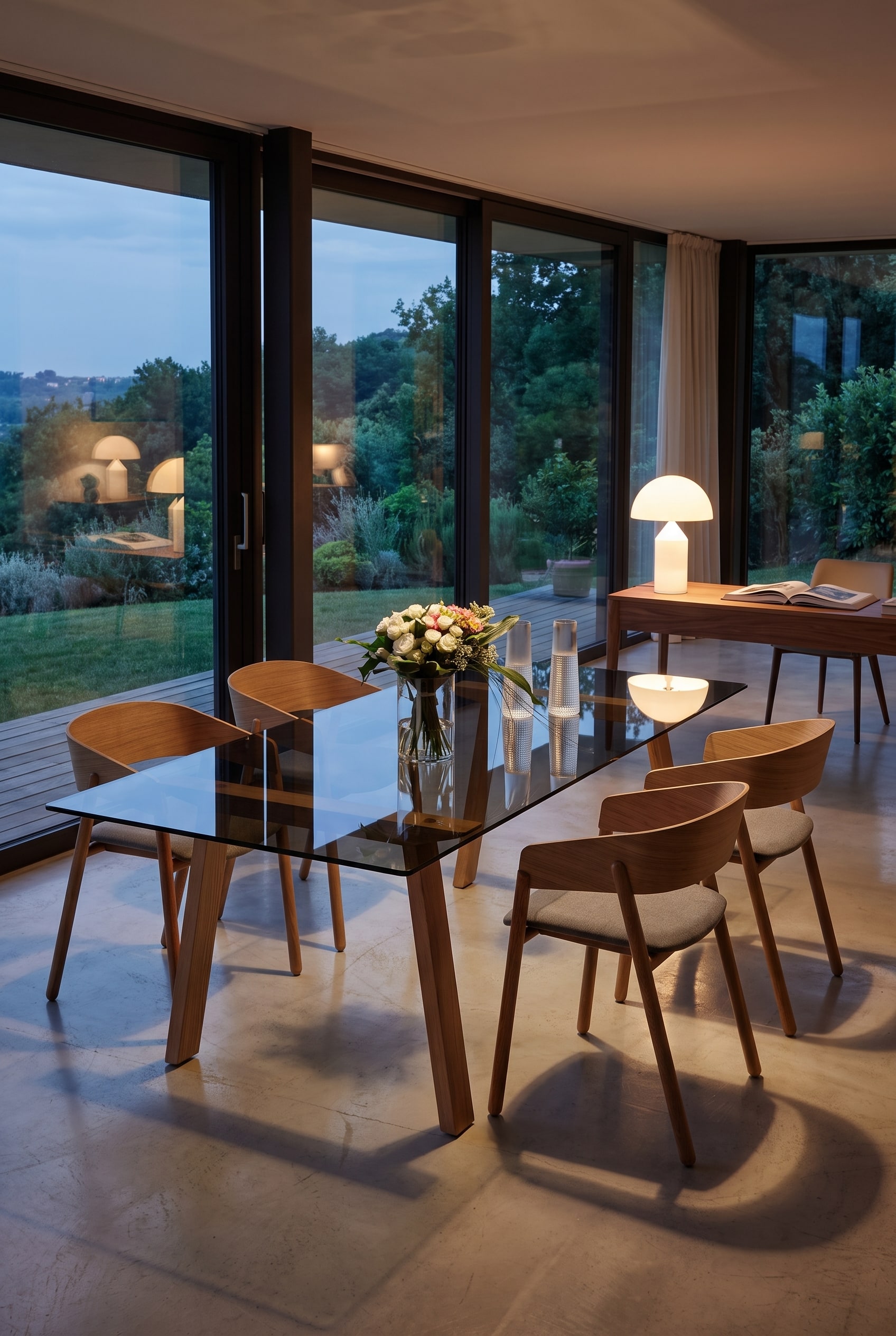 Lichtdurchflutetes Esszimmer mit einem filigranen Massivholzstuhl aus Eiche vor einer minimalistischen weißen Wand