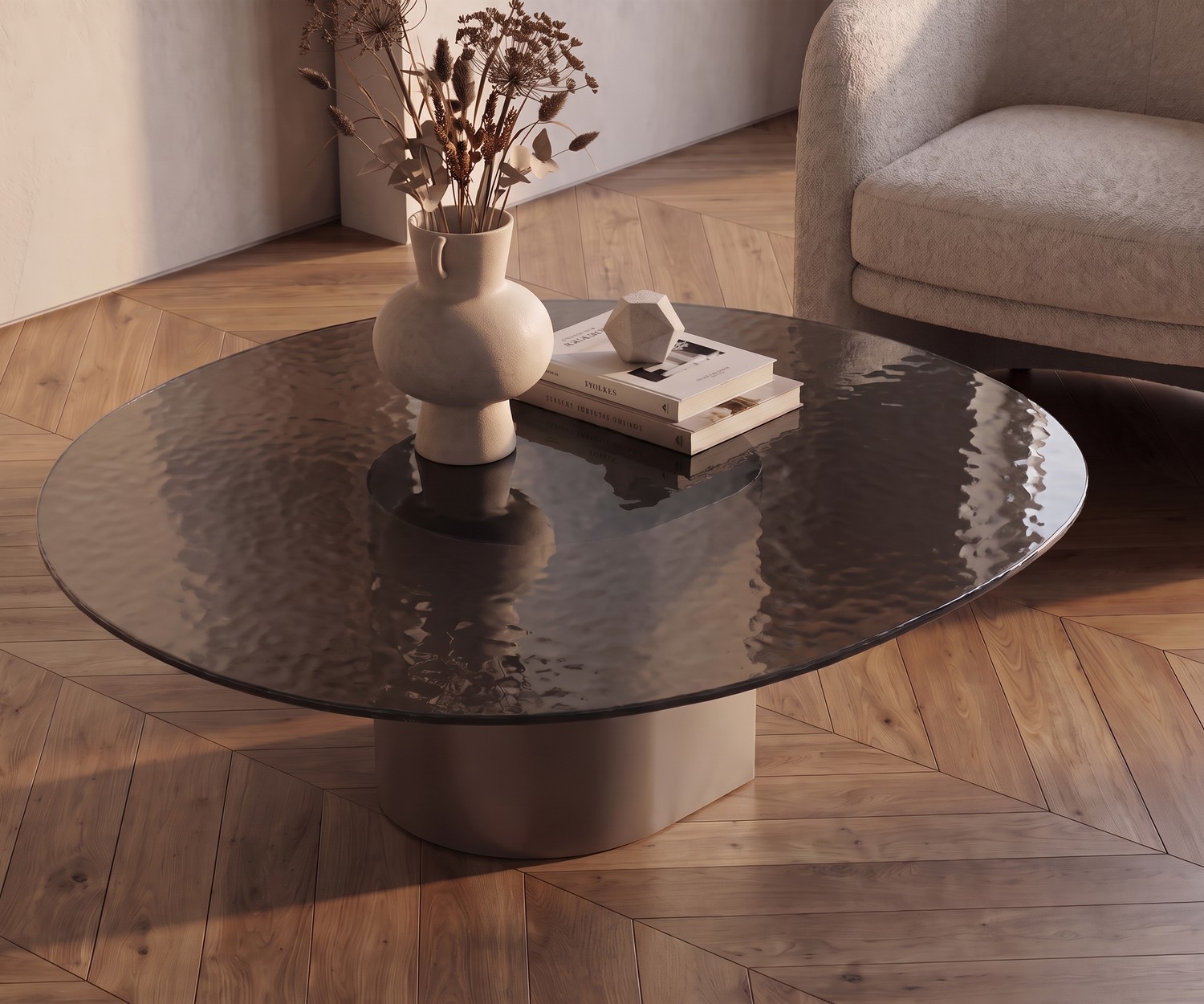 al2 dakry 006 Couchtisch mit strukturierter Glasplatte al2 dakry 006 Couchtisch fürs Wohnzimmer mit dunkler strukturierter Glasplatte und hellem Sockel im modernen Design.