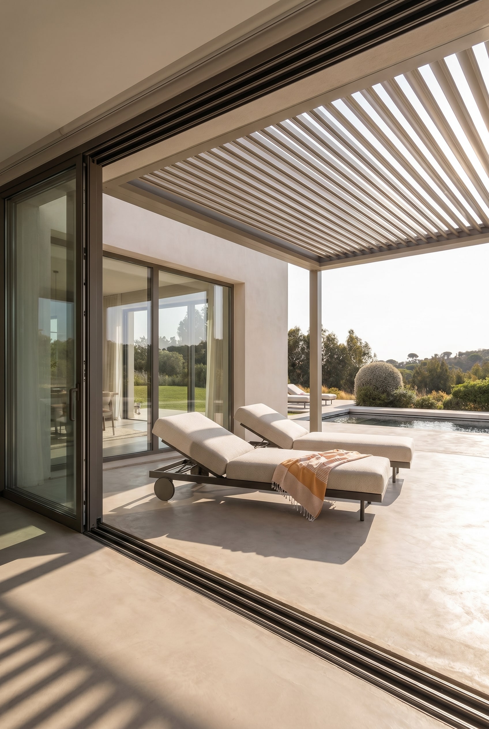 &Uuml;berdachte Luxusterrasse mit offenen Schiebefenstern, bioklimatischem Lamellendach und der minimalistischen Todus Dongo Gartenliege in hellem Stoff