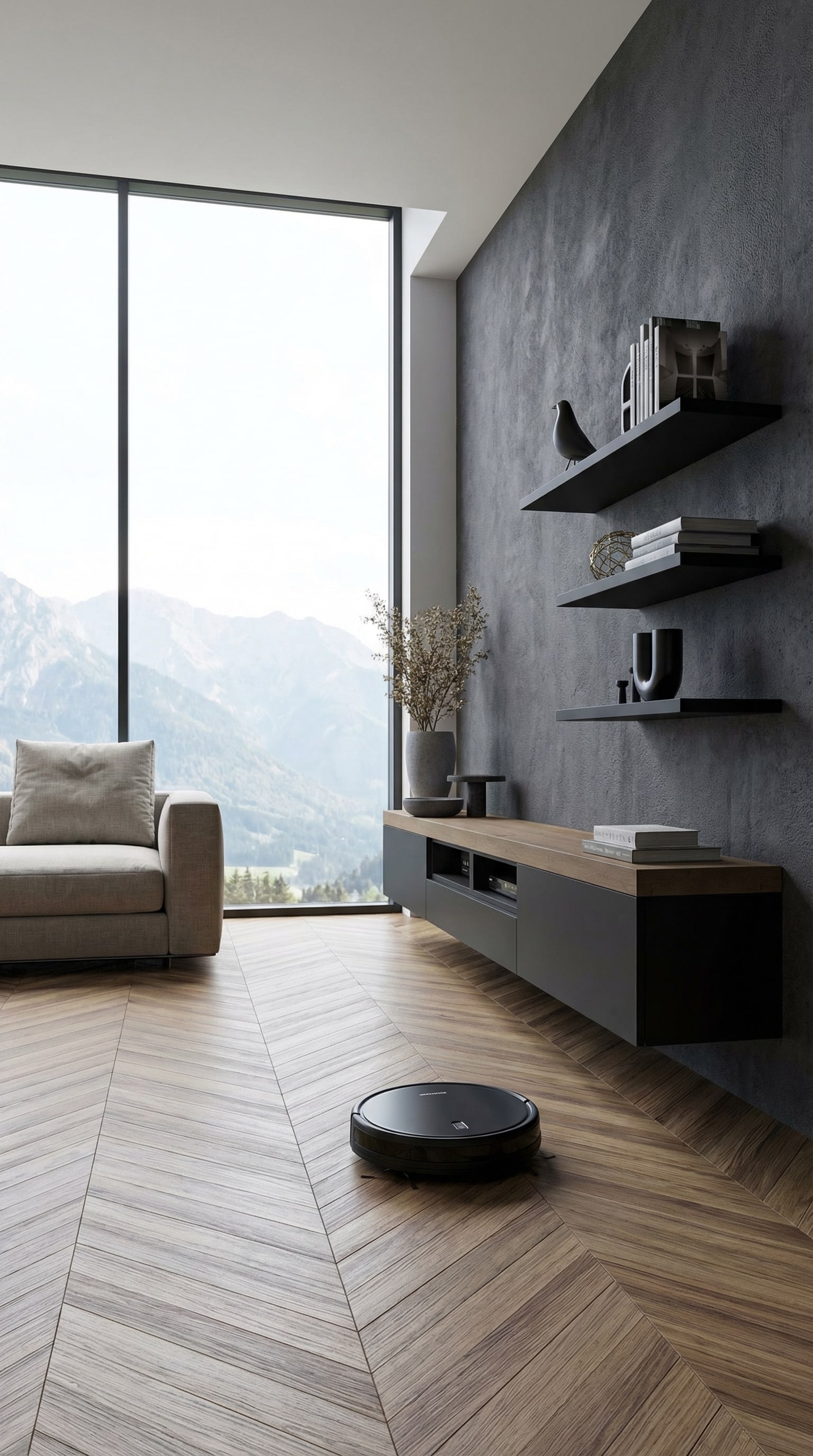 Ein dunkles, wandhängendes Lowboard in einem eleganten Wohnzimmer Ein dunkles, wandhängendes Lowboard in einem eleganten Wohnzimmer
