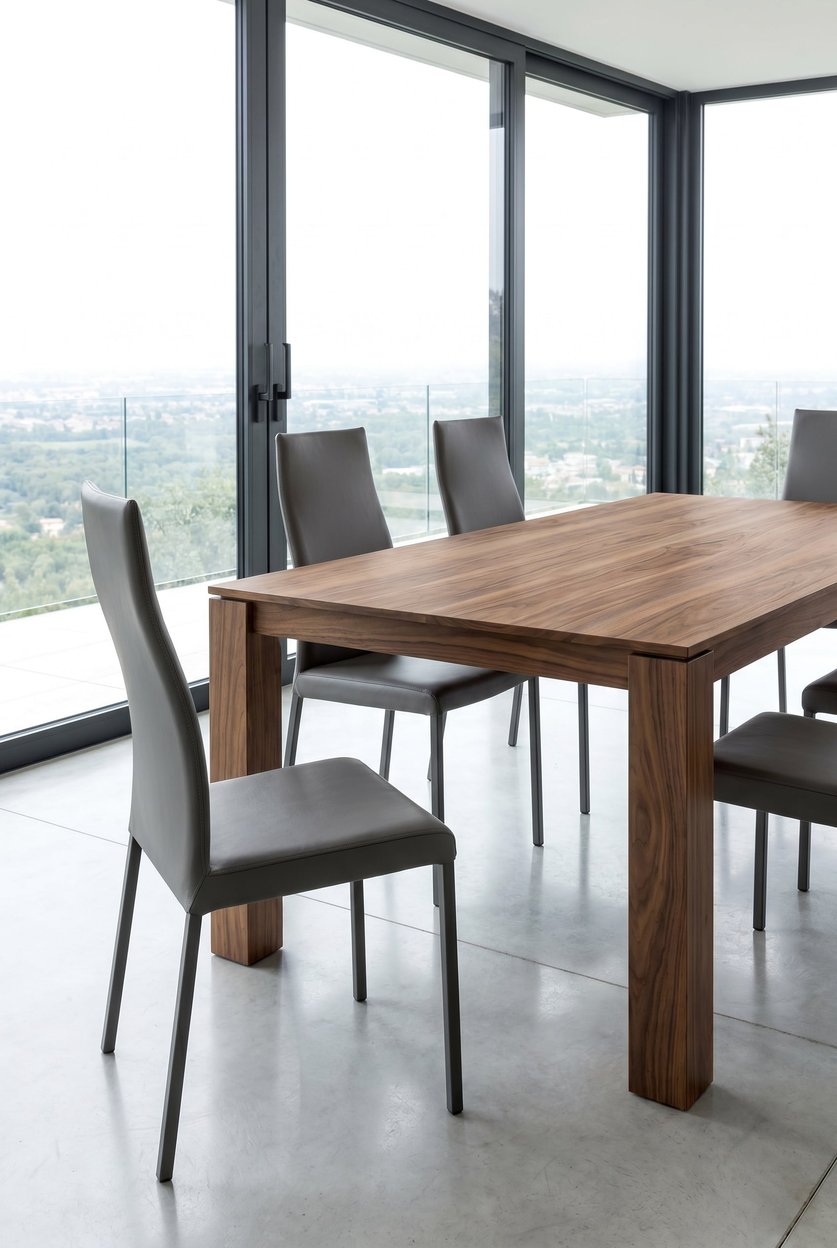 Modernes Esszimmer mit Ozzio Blitz St&uuml;hlen mit grauer Lederr&uuml;ckenlehne an einem massiven Holztisch