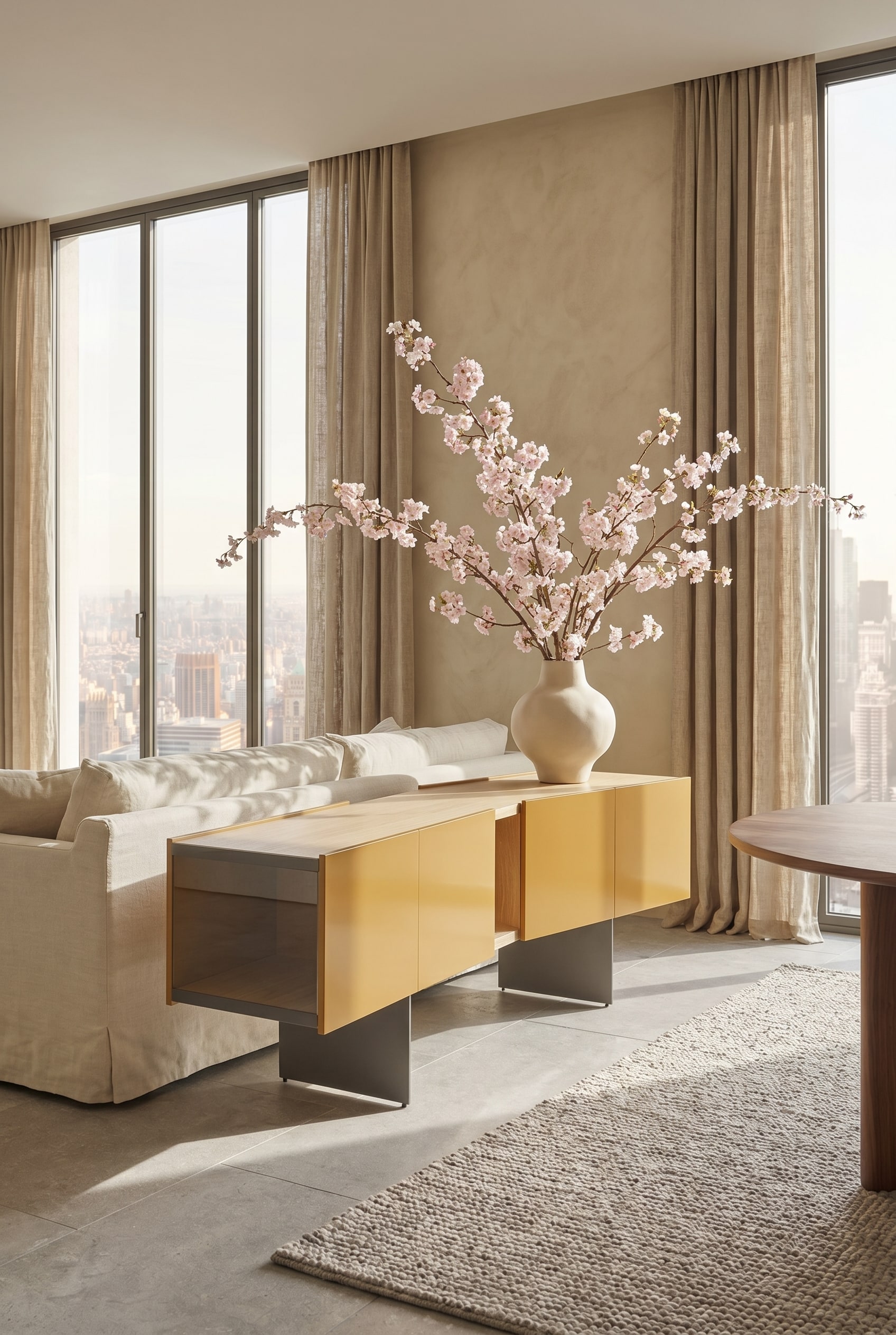 Warmes Walnussholz-Sideboard, auf dem eine matte Keramikvase mit holzigen Fr&uuml;hlingszweigen steht