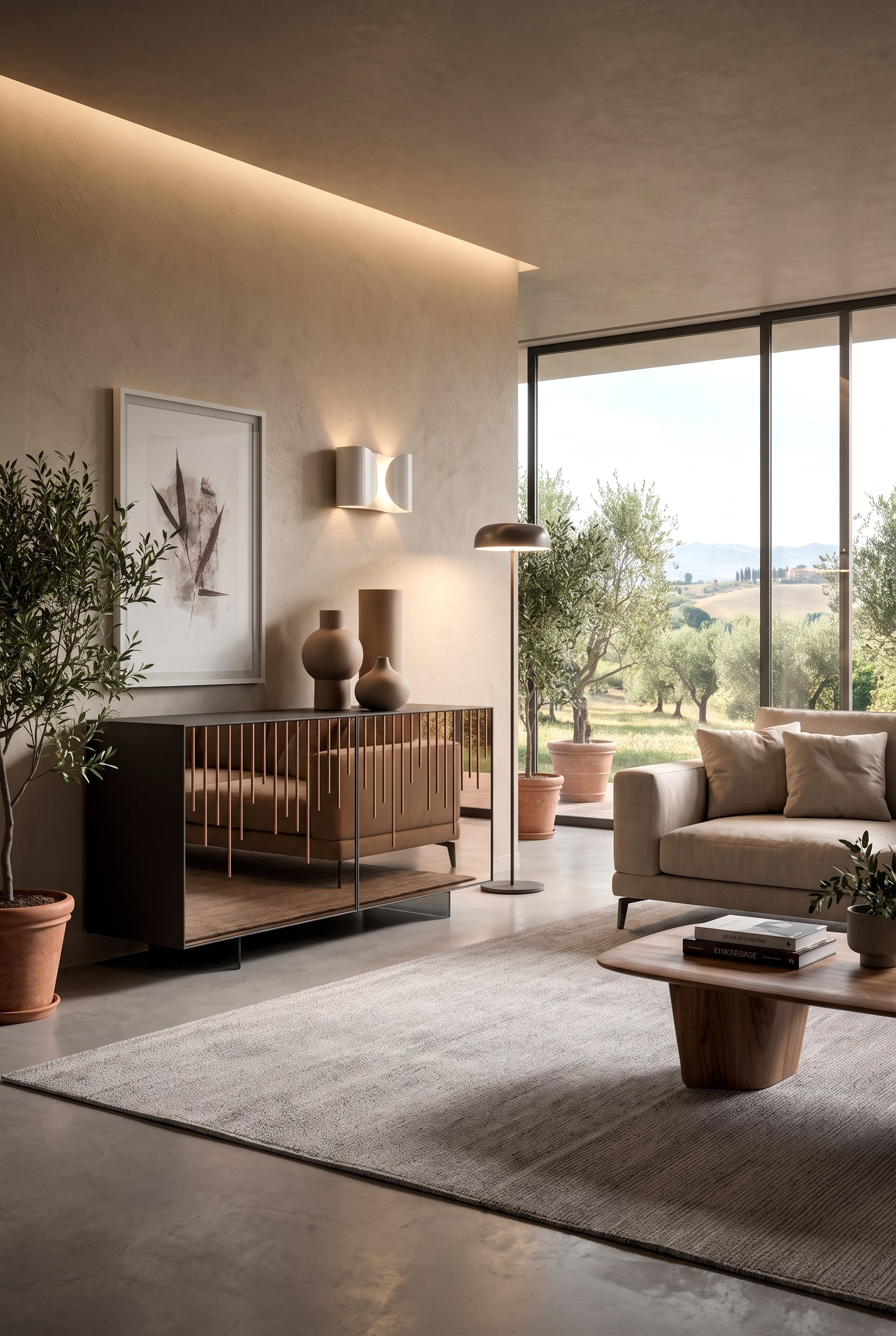 Ozzio Spiegelglas Sideboard Rain dekoriert mit handgefertigten, matten Keramikvasen f&uuml;r einen taktilen Bruch