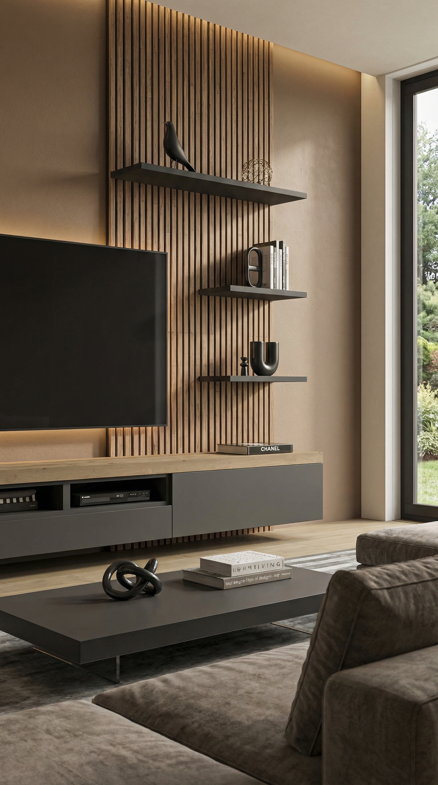 Wohnwand mit Holzlamellen vor brauner Wandfarbe Macchiato Trend 2026