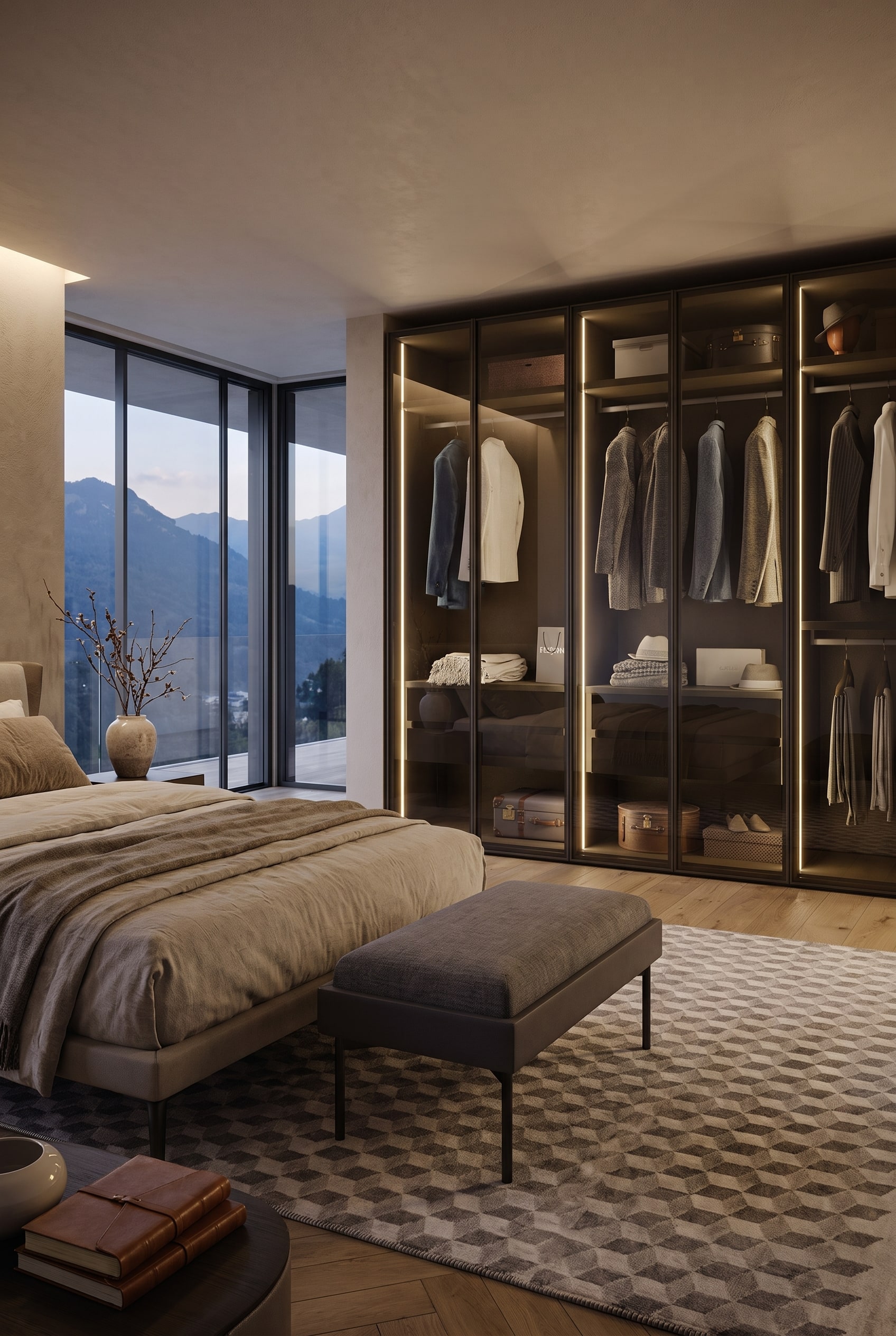Modernes Schlafzimmer mit nahtlos integriertem, beleuchtetem Glas-Kleiderschrank, einem Polsterbett und gro&szlig;en Fenstern mit Bergblick.