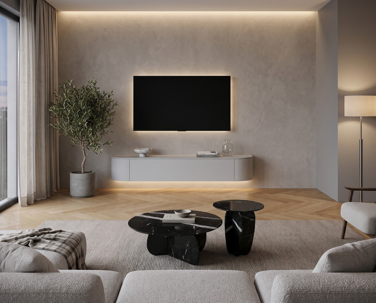 Novamobili Lowboard Tondora in Hellgrau matt, B 210 cm, hängend im Wohnzimmer